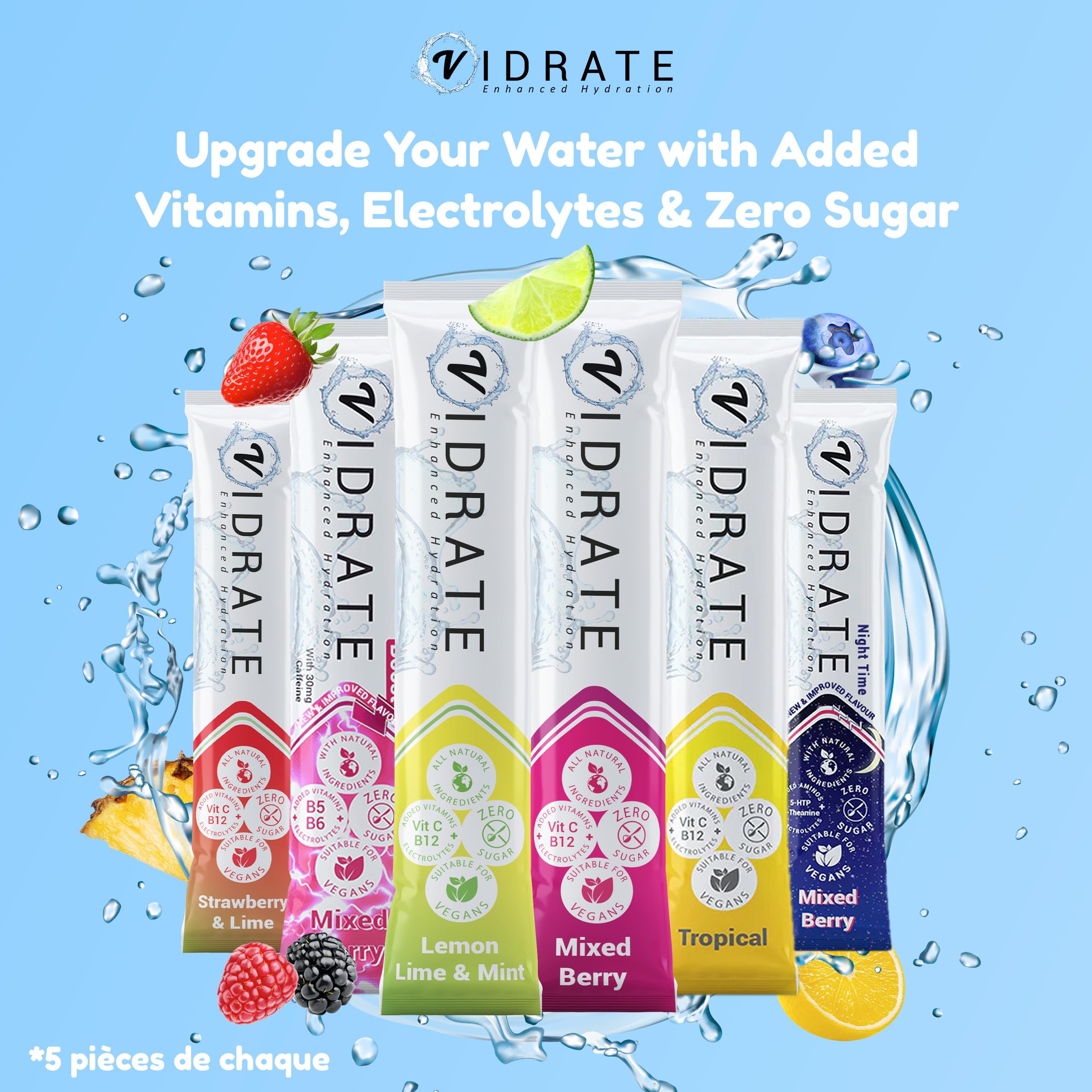 ViDrate 30 Variety Electrolyte en poudre - Électrolyte Hydratation sans sucre Boisson électrolyte pour adultes et enfants - Riche en vitamines, minéraux et compléments