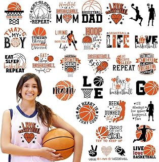 Cholemy 30 Pcs Iron on Decals Iron on Transfers Vinyl Patch Bulk T Shirts Stickers Mom DIY Craft Lover Gift Sport Ball Team Fan Heart Bag Hat Pillow Decoration(Basketball)