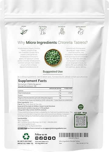 Miniatura 2 de Tabletas orgánicas de Chlorella, 500 mg por tableta, 720 pestañas (11.64 onzas), suministro de 4 meses, pared celular rota, rica en proteínas