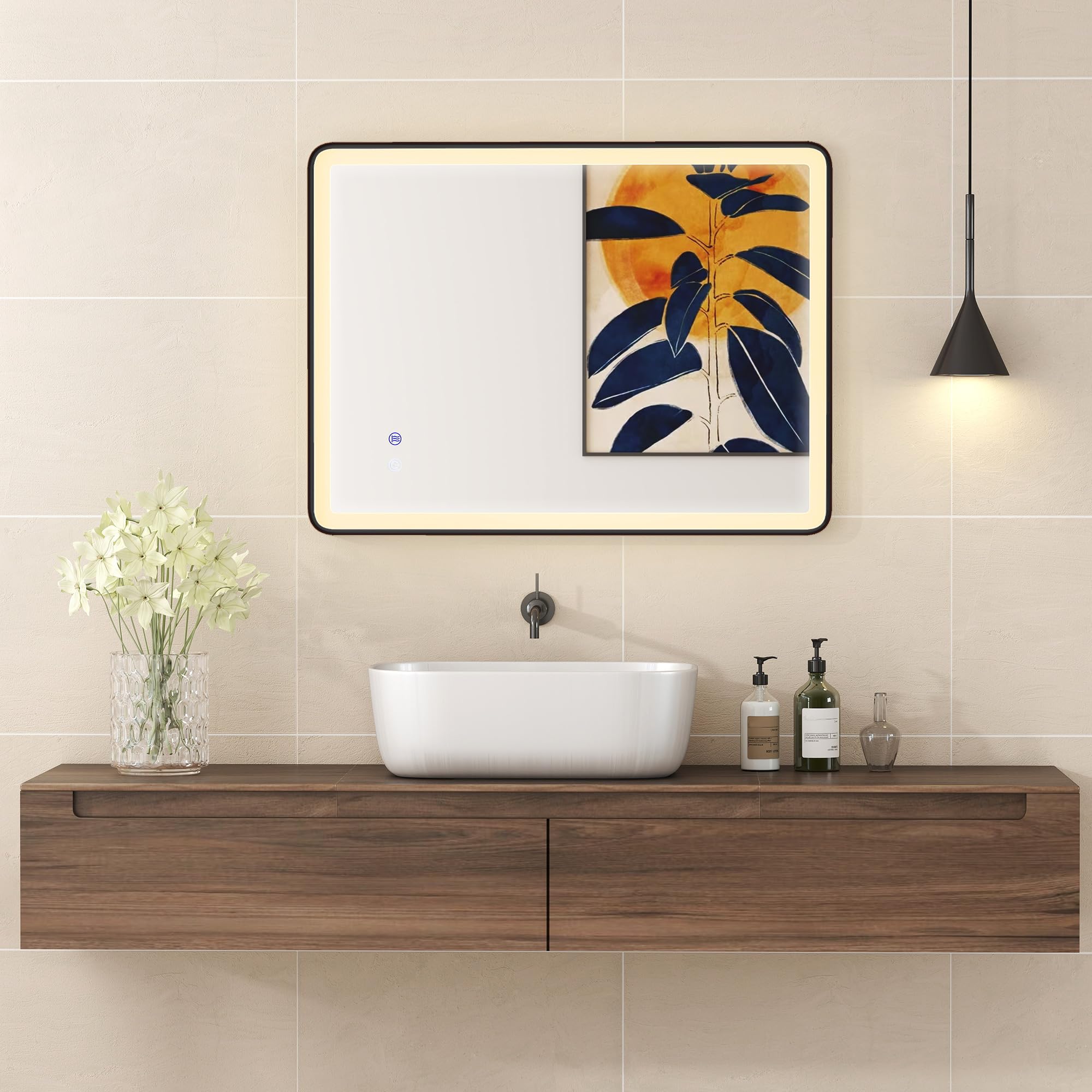 HOMCOM Espejo de baño LED con iluminación, 80 x 60 cm, 3 temperaturas de color, espejo LED antivaho, función de memoria, horizontal o vertical, espejo de maquillaje regulable con marco negro