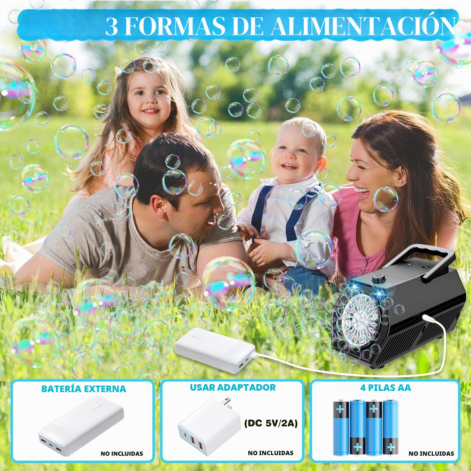 Maquina Burbujas, Más de 18.000 Burbujas por Minuto, Bubble Machine Automatico, Portátil Maquina de Burbujas para Niños, Juguetes Cumpleaños Invitados niños Fiestas Boda Exteriores (Negro)