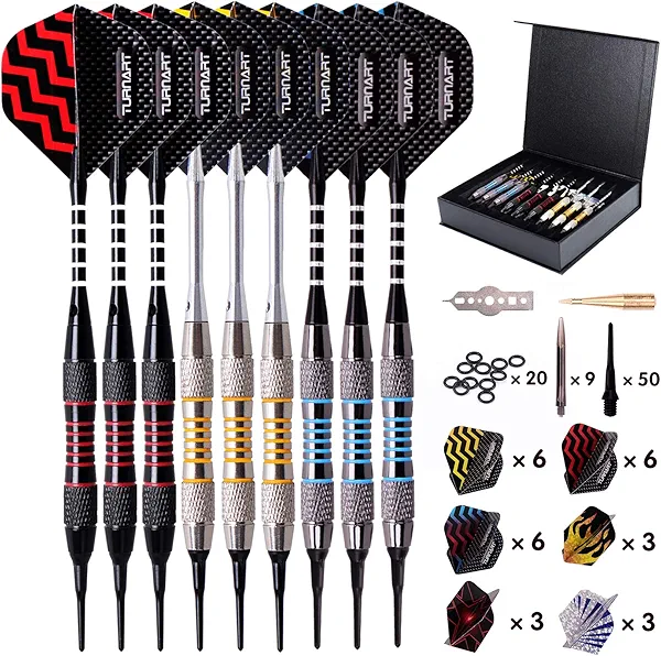 Turnart Darts Plastic Tip - Professional Soft Tip Darts Set for Electronic Dartboard 9 Pcs 18 Grams with 50 Extra Tips 9 Shafts 27 Flights Tool Kit Flight Protectors and Gift Darts Case Tung