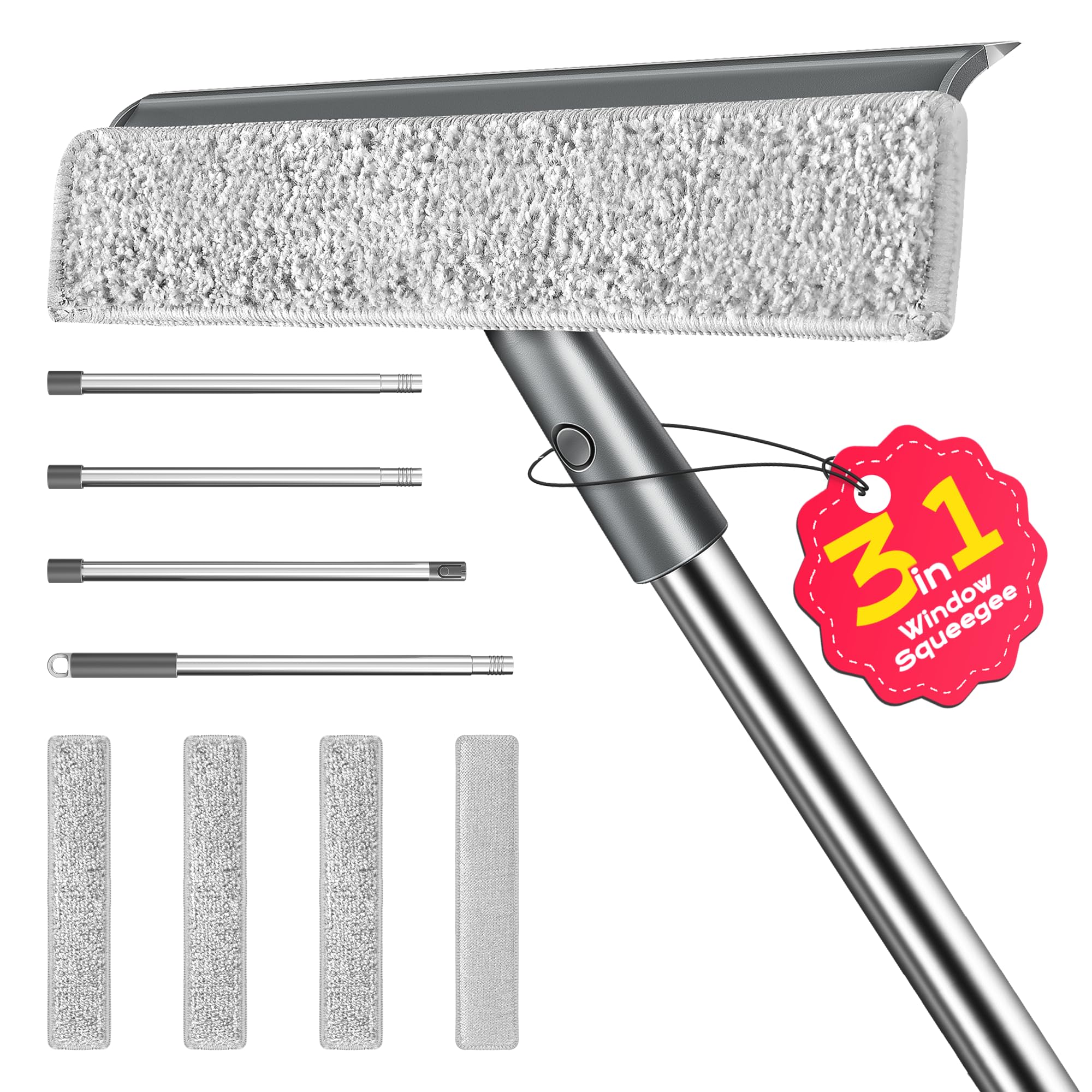 Photo 1 of ***MISSING MICROFIBER CLOTHS*** Window Squeegee for Home, Window Cleaner Tool with Extension Pole, Squeegee for Window Cleaning with 3 Microfiber Cloths and Screen Brush, Window Cleaning Kit for Car Windshield, Shower Glass Doors