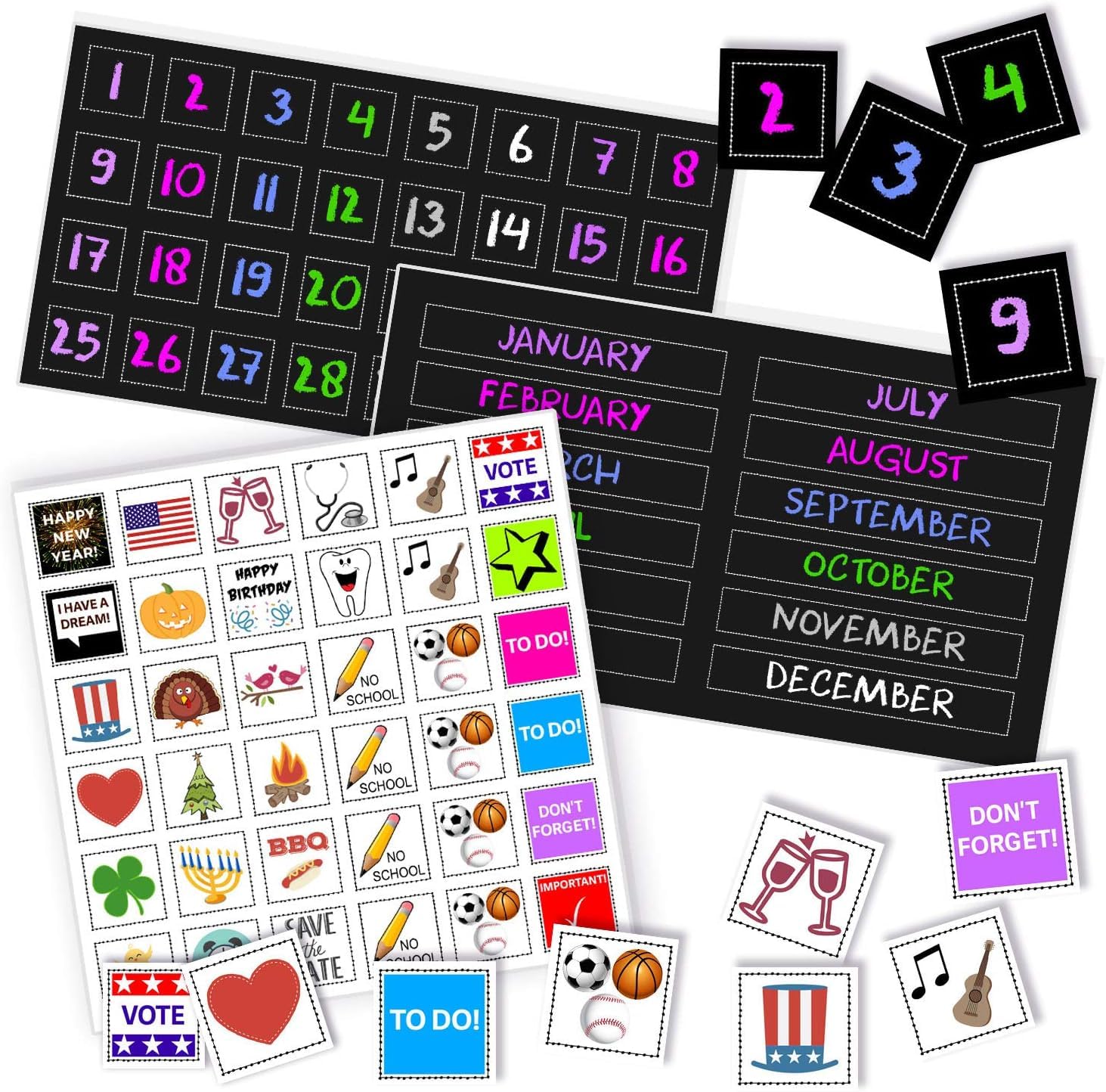 Colorful Magnetic Numbers and Month Labels to Organize Any Dry Erase Magnet Fridge Calendar, Plus Fun and Reusable Holiday Icons (Black)