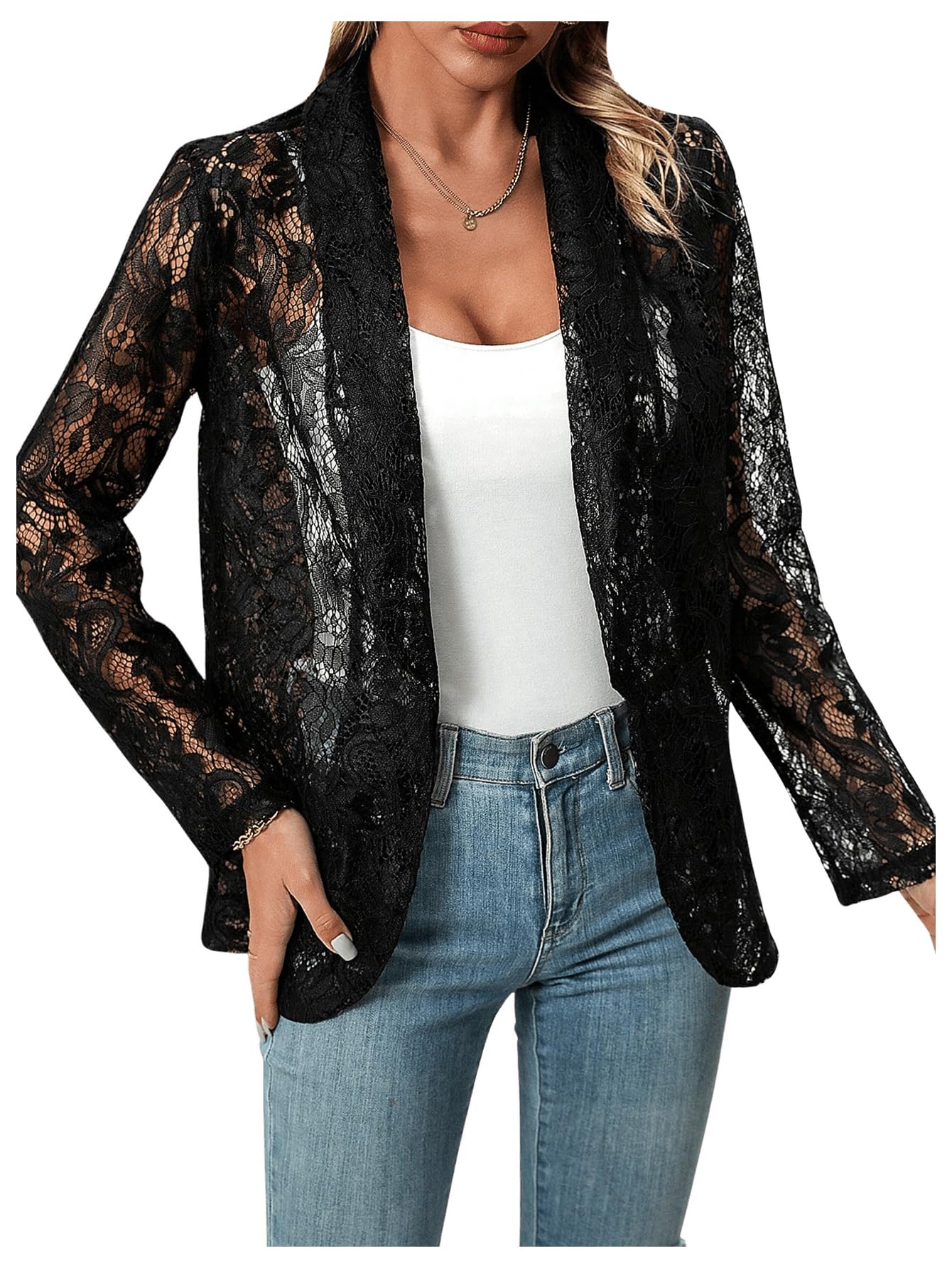 WDIRARA Women's Lace Open Front Long Sleeve Sheer Elegant Casual Blazer Jacket
