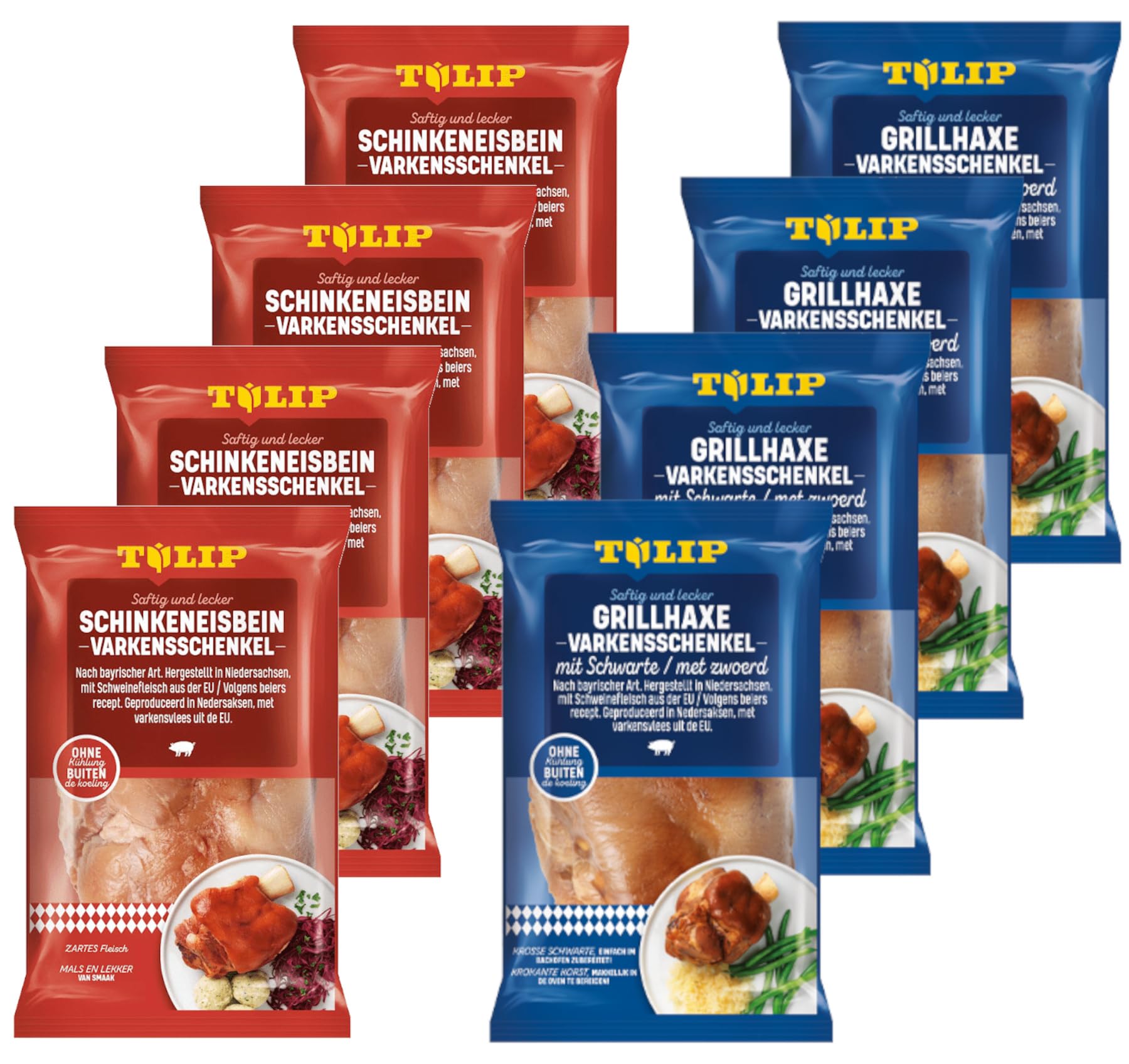 TULIP 4x 600 g Grill-Haxe + 4x 600 g Eisbein | Tafelfertig Gegart Vakuumverpackt | einfach im Backofen zubereitet in ca. 30-40 Minuten | Schinkeneisbein und Schweinshaxe ohne Kühlung