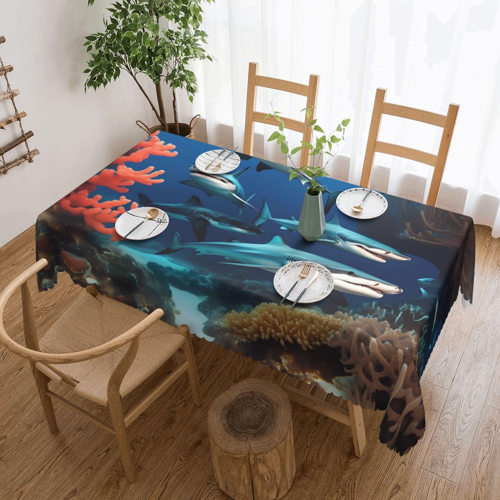 CNTDBU Submarine shark coral Scalloped Edge Tablecloth 54x72-Waterproof Stain Resistant Wrinkle Free Cover, Square Table Cloth for Dining Party