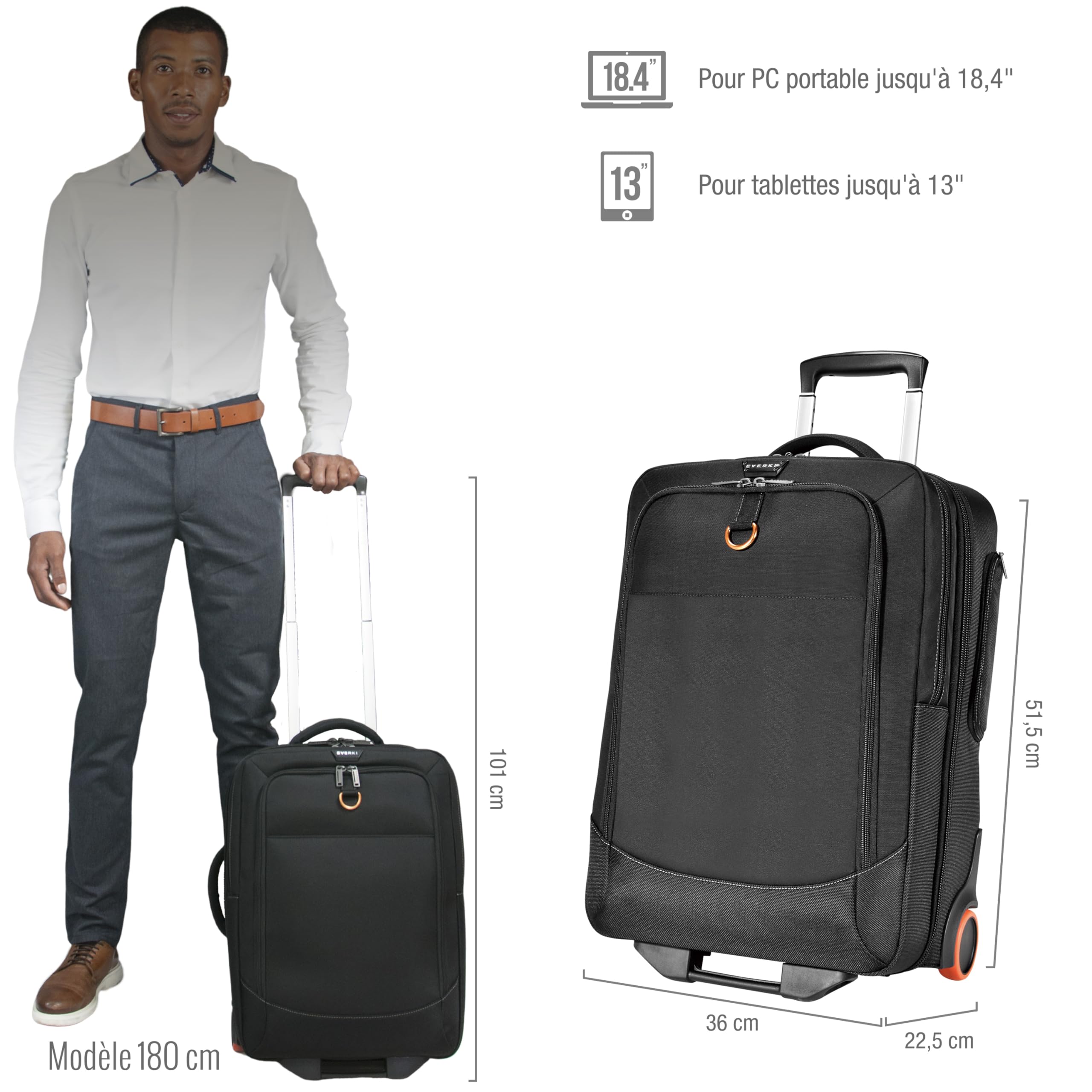 Everki 420 Trolley pour Ordinateur Portable 18,4" – Bagage Cabine à roulettes, Housse Amovible Compatible TSA, Sac de Voyage organisé pour Business & Gaming – Noir (EKB420)