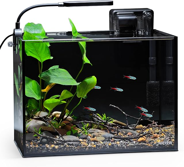 NICREW Nano Nature Aquarium Kit, 2.5 Gallon, Complete Version, Ultra-Clear Rimless Desktop Fish Tank with Filter, Light, Natural Gravel, River Rock and Starter Guide