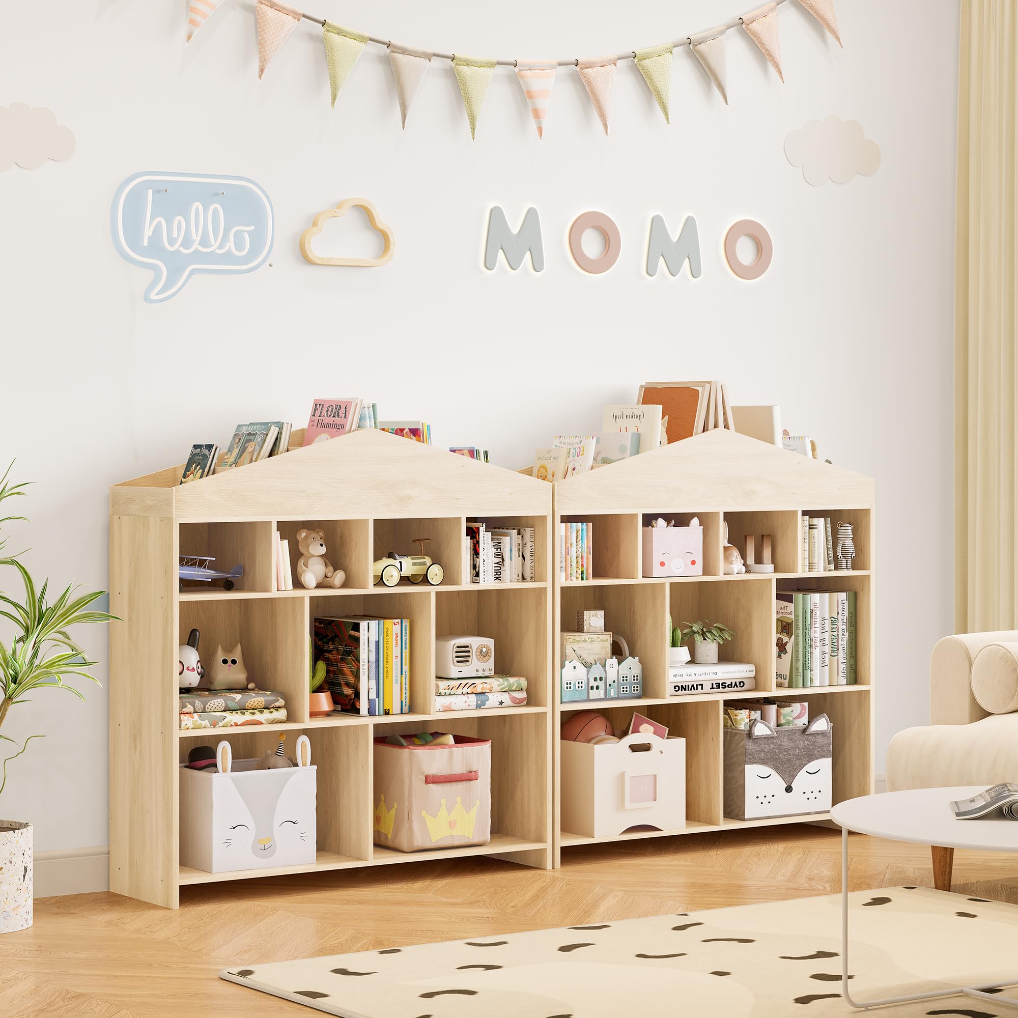 Garvee Kinder Bücherregal Hausform Regal Kinderregal Aufbewahrungsregal für Kinder Kinderzimmerregal mit 4 Ebenen Spielzeug Organizer Kindermöbel für Kindergarten Spielzimmer Holzfarbe 103.5x100x30 cm