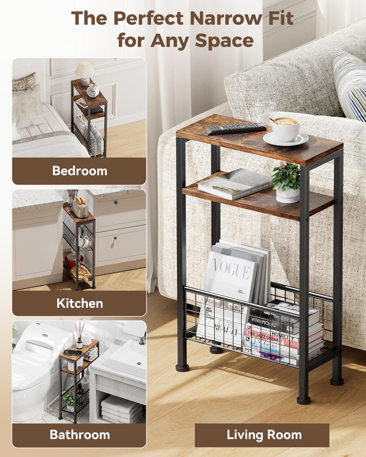 Karii Narrow Side Table, Skinny End Table for Small Spaces with Storage, 3-Tier Slim Wooden Bedside Nightstand Thin Couch Table for Living Room Bedroom Office Dorm Kitchen Bathroom (2, Rustic Brown)
