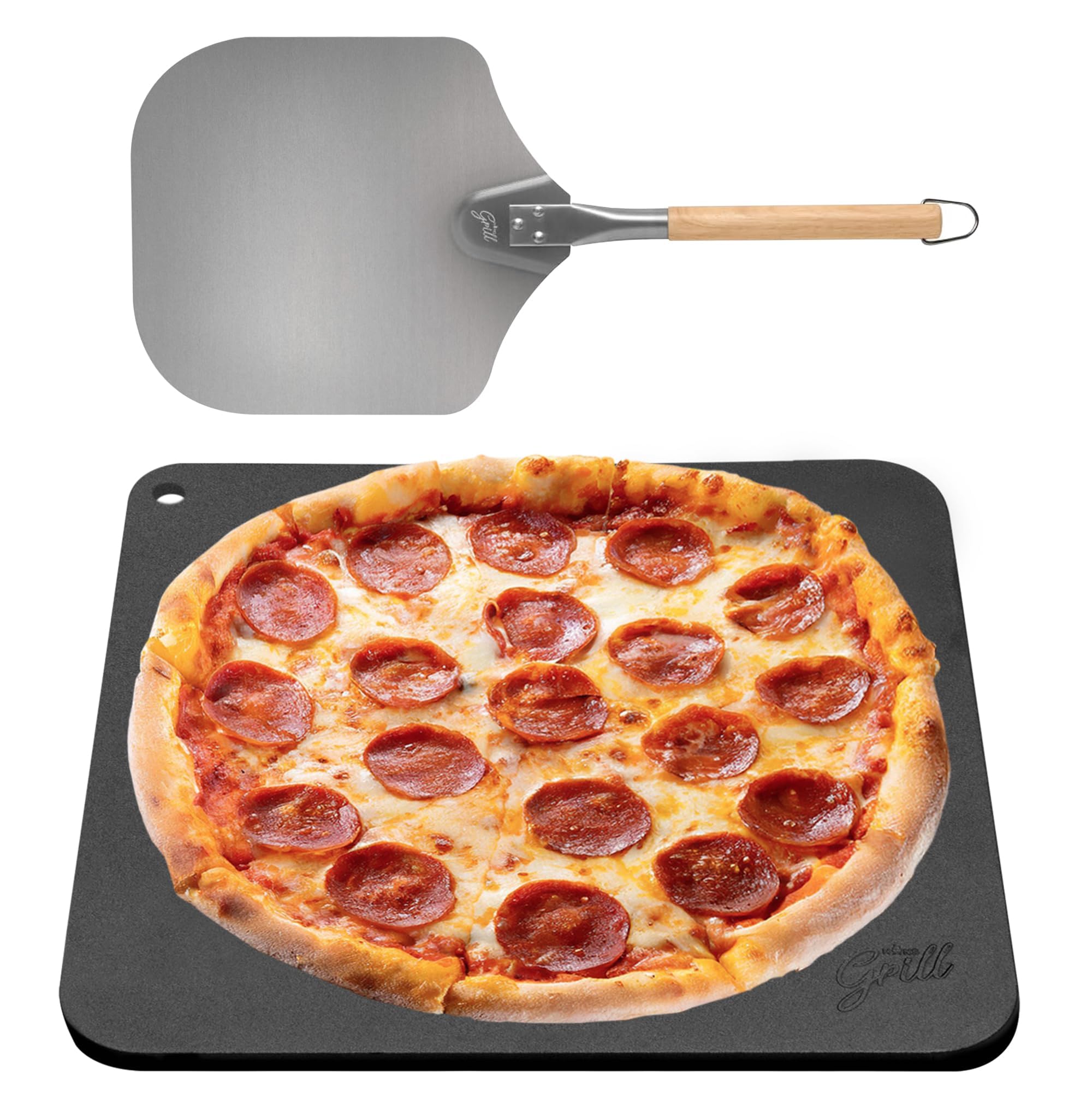 Hans Grill Pizza Steel PRO 13 x 13 inch baking steel set with wooden handled peel