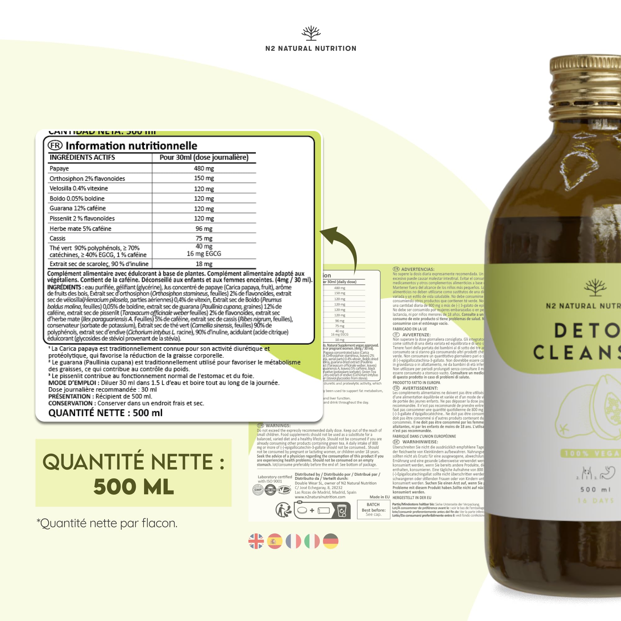 DÉTOX. Formule liquide avec Thé Vert, Pissenlit, Guarana, Papaye, Thé de Java, Maté, Groseiller Noir, Rhubarbe. 500 ml. Formule naturelle, VEGAN. CE. N2 Natural Nutrition