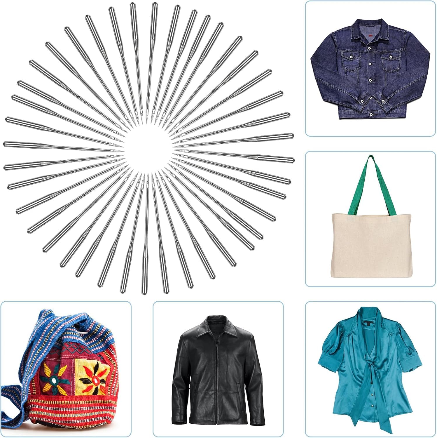 50 aghi universali per macchina da cucire in pelle e jeans, misura 100/16, resistenti, per tessuti spessi, compatibili con macchine da cucire domestiche