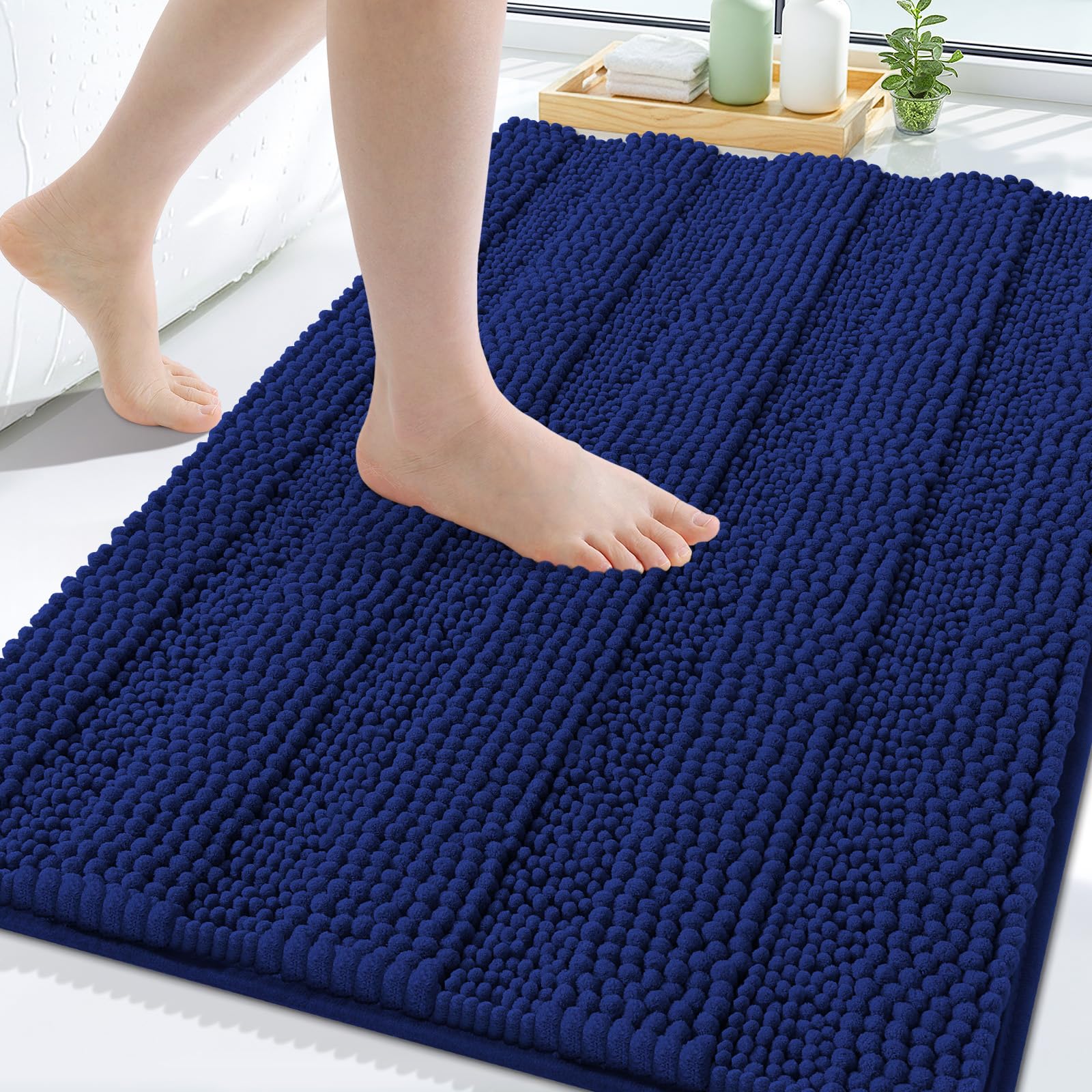 Grandaily Chenille Bathroom Rugs 30x20, Soft Absorbent Bath Mats, Navy Blue