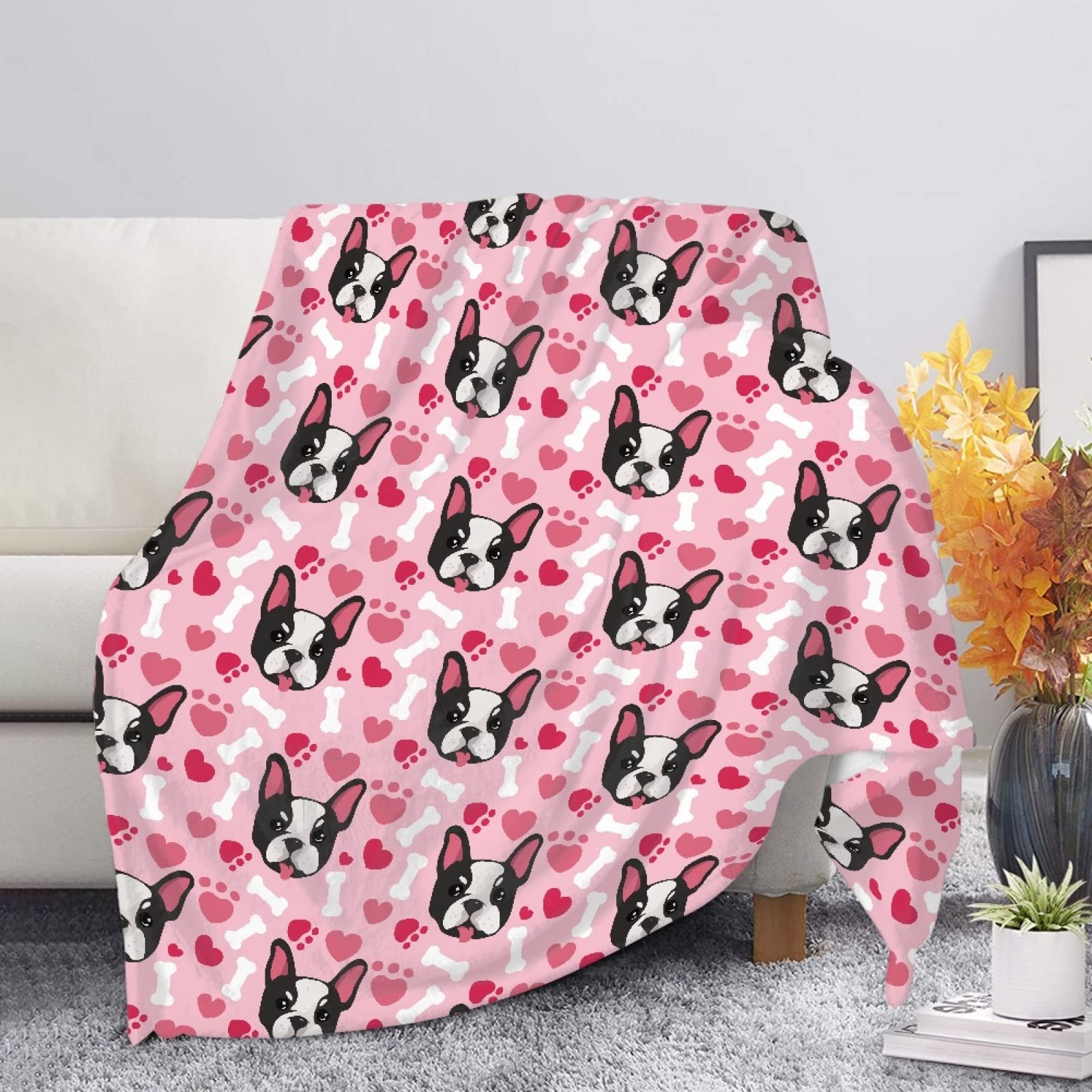 WanyintFrench Bulldog Printed Throw Blanket Pink Paw All Season Throw Blanket for Kids Adults, Ultra-Soft Micro Flannel Blanket Sofa Couch Bed Blanket