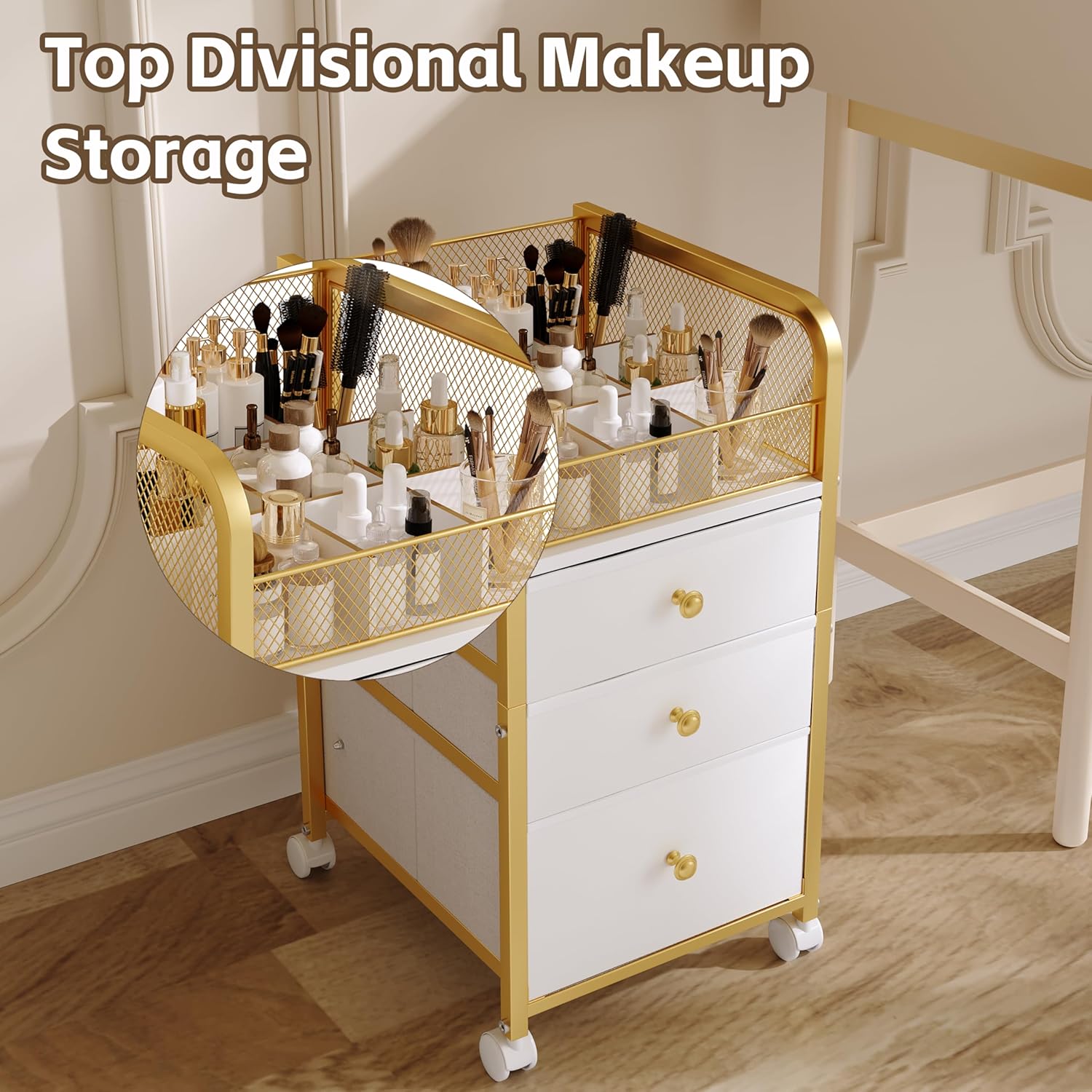 Rolling Makeup Vanity Cart, Makeup Organizer with Drawers, Rolling Makeup Bathroom Storage Cart, Cosmetic Vanity Display Cases Holder for Nail Polish Brush Hair Tool (Gold)