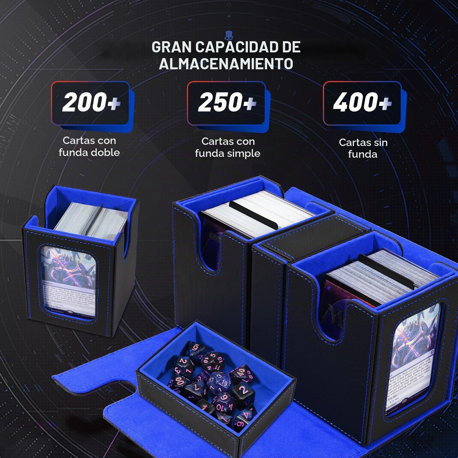 TiMOVO Caja de Cartas para MTG, Soporte Mazo de Cartas para 200+ Cartas de Doble Funda, Deck Box con 2 Expositores & 4 Divisores & Bandeja de Dados para YuGiOh, TCG, CCG Cartas Mágica, Negro&Azul