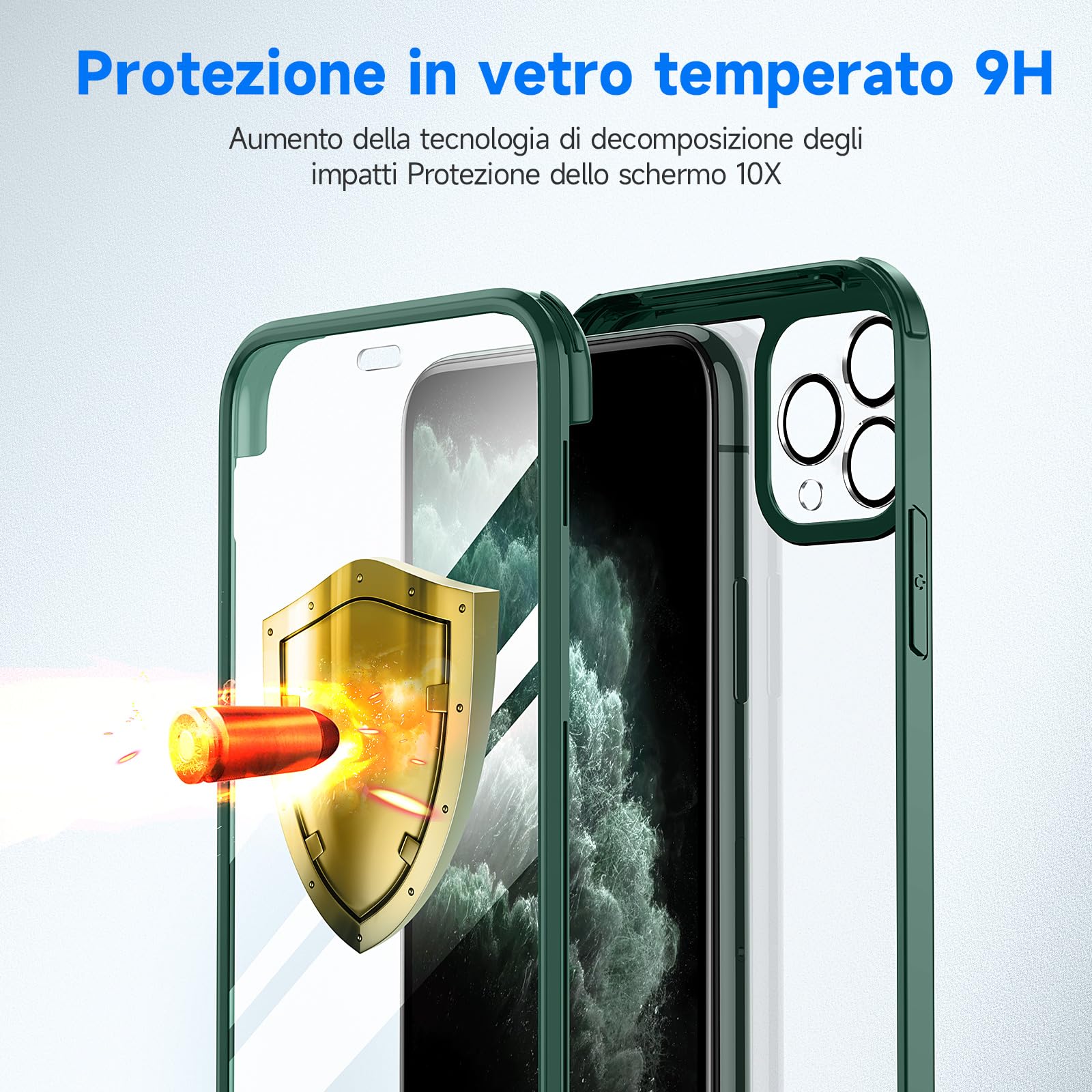 seacosmo Cover per iPhone 11 Pro, [9H HD] con Vetro Temperato Integrato Schermo, Pellicola Fotocamera, 360 Gradi Antiurto Protezione Fronte Retro Rugged Custodia Slim Doppia Faccia Case - Verde