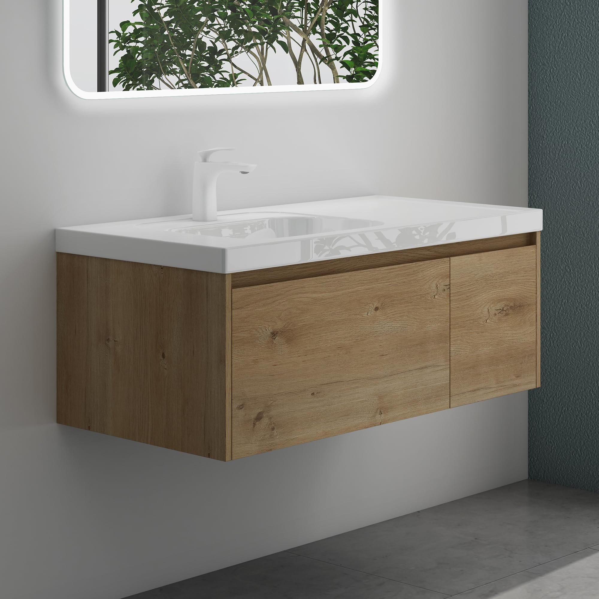 Mai & Mai Meuble de Salle de Bain Marron Clair avec Lavabo Meuble sous Vasque 100x50x40cm Meuble Suspendu avec Tiroir Salerno