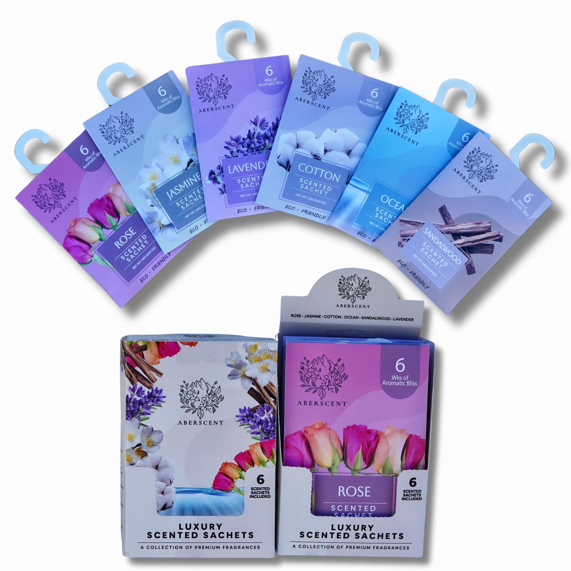 ABERSCENT Scented Sachets for Drawer, Closet, Laundry Room, Bathroom - Premium 6 Packs - Air Freshener Odor Eliminator, Potpourri Bags Home Fragrance - (Lavender Rose Cotton Sandalwood Jasmine Ocean)