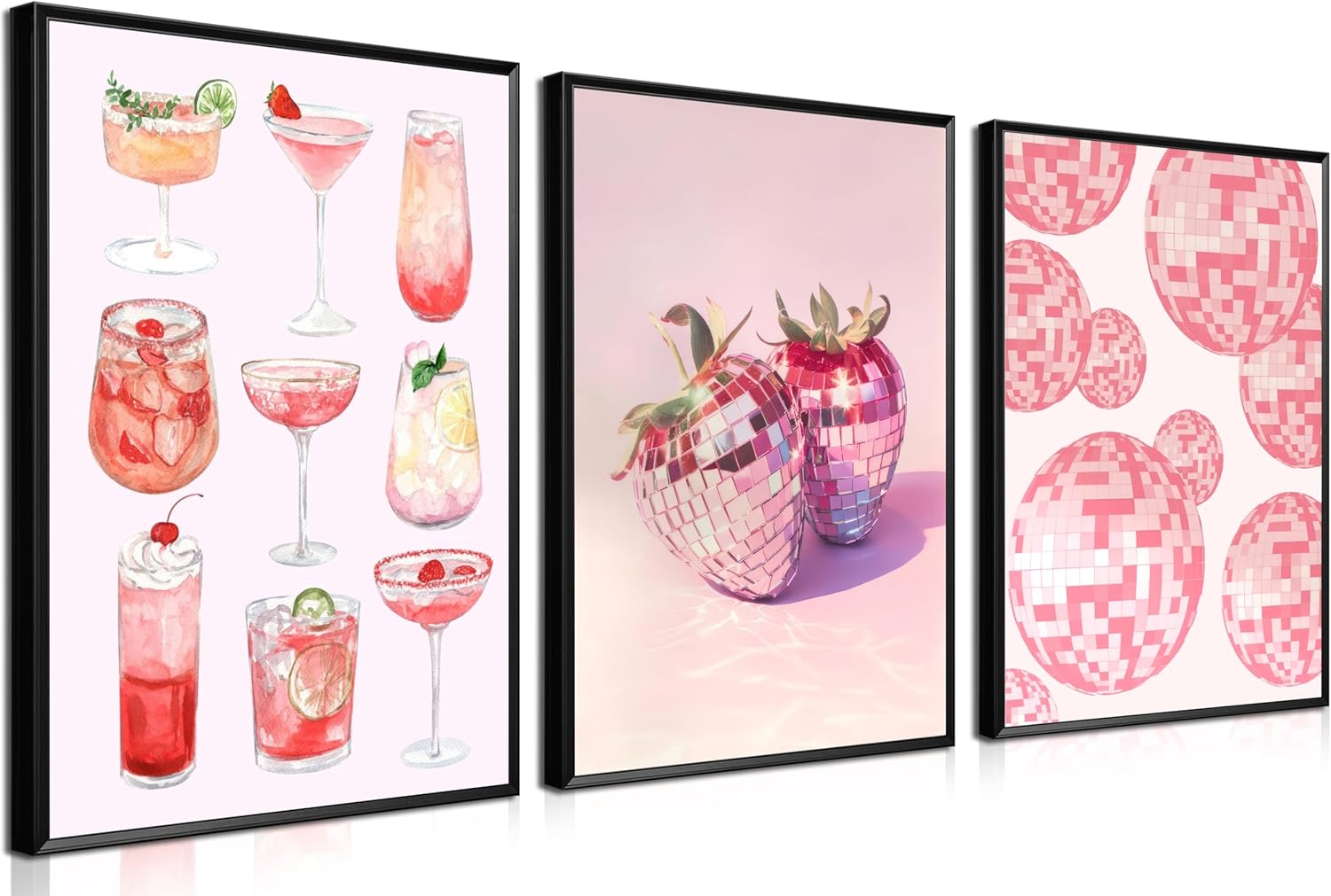 Pink Wall Art Set of 3 Trendy Cherry Disco Ball Wall Decor Good Times Canvas Poster You Look So Good Prints Funky Aesthetic Picture for Girl Bedroom Living Room Dorm Framed 12x16 Inch