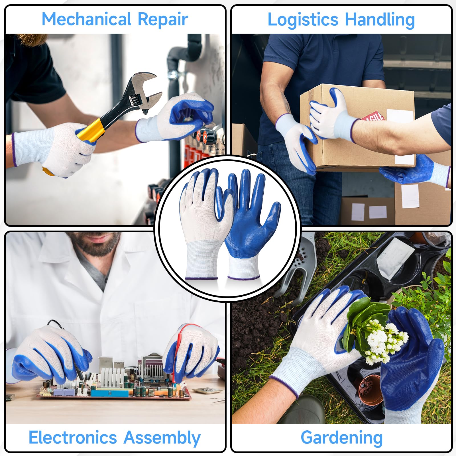 12 pares de guantes de trabajo de nitrilo azul para hombres que trabajan, pesca, jardinería, escalada, guantes de seguridad reutilizables de agarre firme para hombres y mujeres, trabajo de