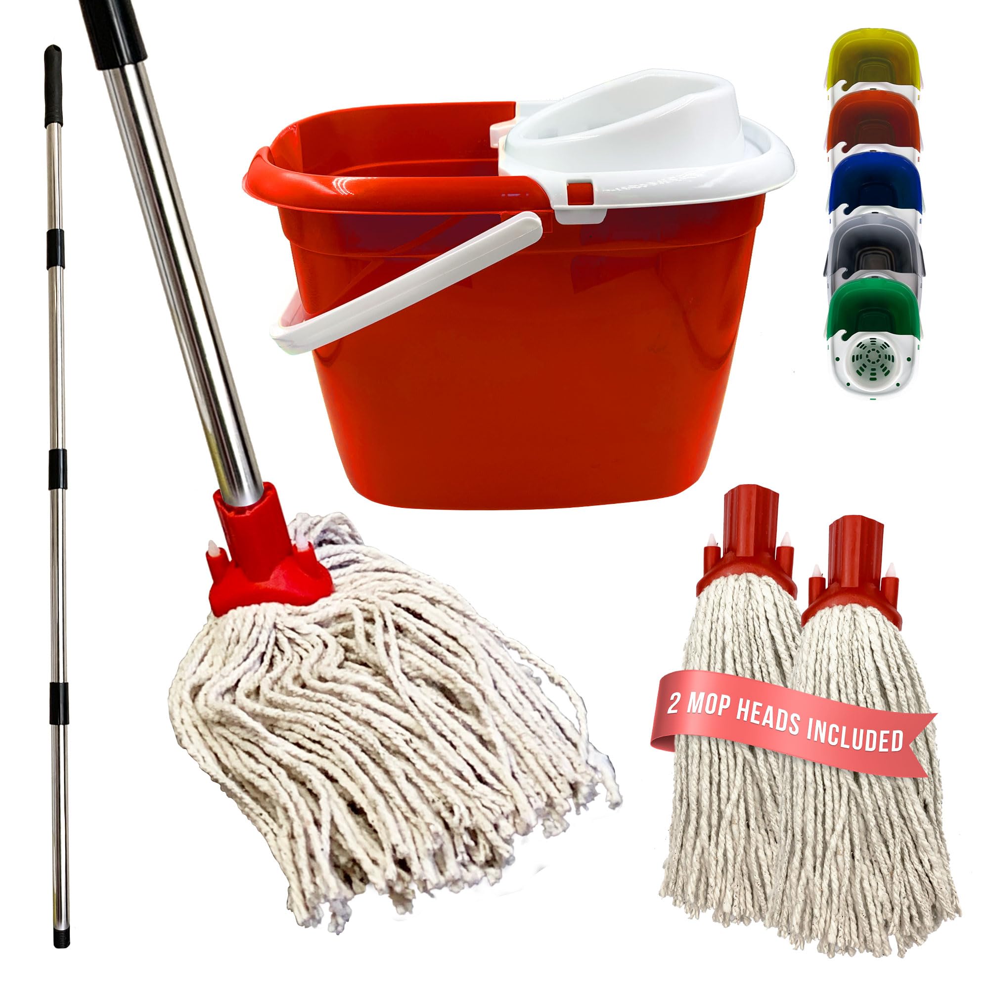 Tdbs The Dustpan And Brush Store Red Floor Mop And Bucket Set - 2Pc Mops For Cleaning Floors With Bucket, Pure Yarn Mop Heads And Heavy-Duty Mop Bucket, Industrial Mop And Bucket For Domestic And Commercial Use (Red)