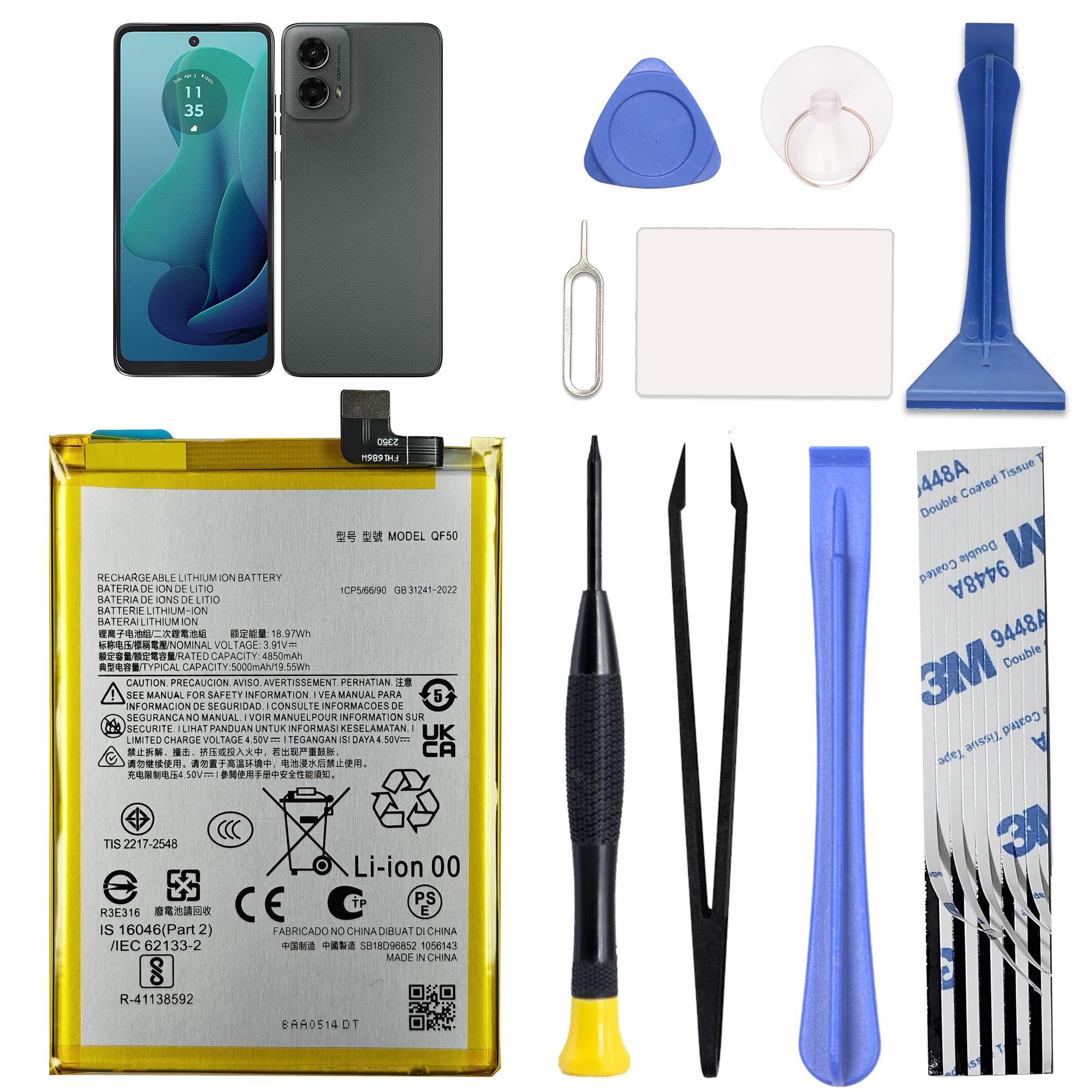 GREEN FUSION New QF50 Li-ion Upgraded Battery Compatible with Motorola G34 5G XT2363 / G 5G 2024 XT2417 / G04 2024 XT2421, Includes Repair Tools