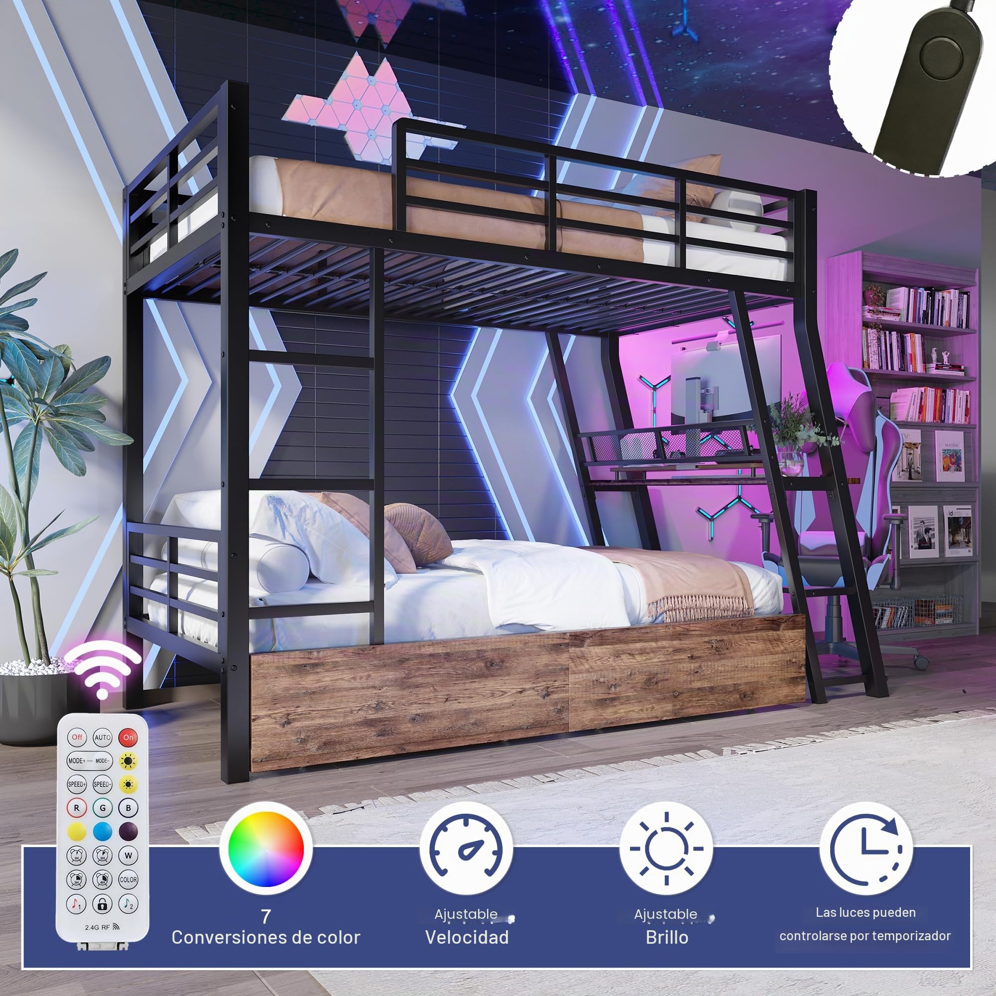 Litera de 90 x 200 cm, cama de metal, cama individual, marco de hierro, marco de cama con barra LED, cama alta con cajones, barandilla, escalera, escritorio, sin colchón, color negro