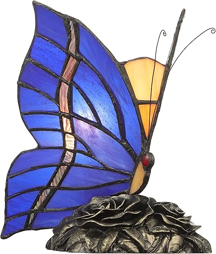 KWOKING Lámpara de noche de mariposa estilo Tiffany Lámpara de mesa hecha a mano Lámpara de escritorio de vidrieras en azul oscuro