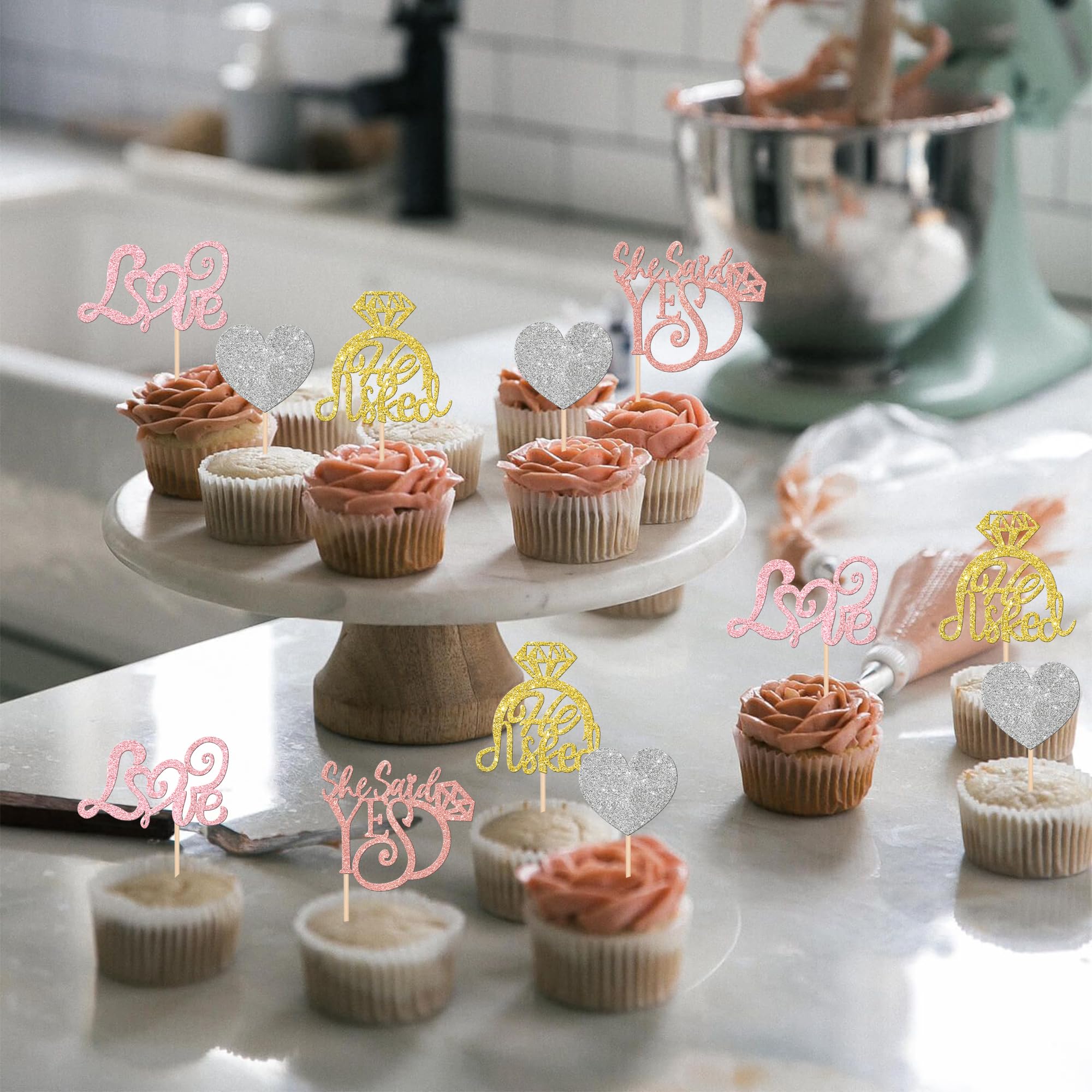 LUOZZY 48 Pcs He Asked She Said Yes Cupcake Toppers - Butterfly Shape Cake Picks For Wedding, Engagement, Bridal Shower (Pink + Gold)