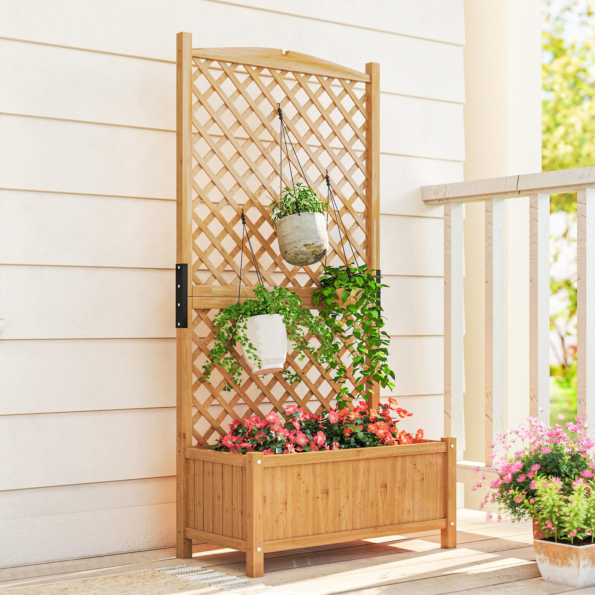 Outsunny Arriate de Jardín con Enrejado Jardinera con Celosía Macetero con Soporte para Trepadora Cultivos Plantas Flores para Exterior Patio Terraza Balcón 90x45x180 cm Natural