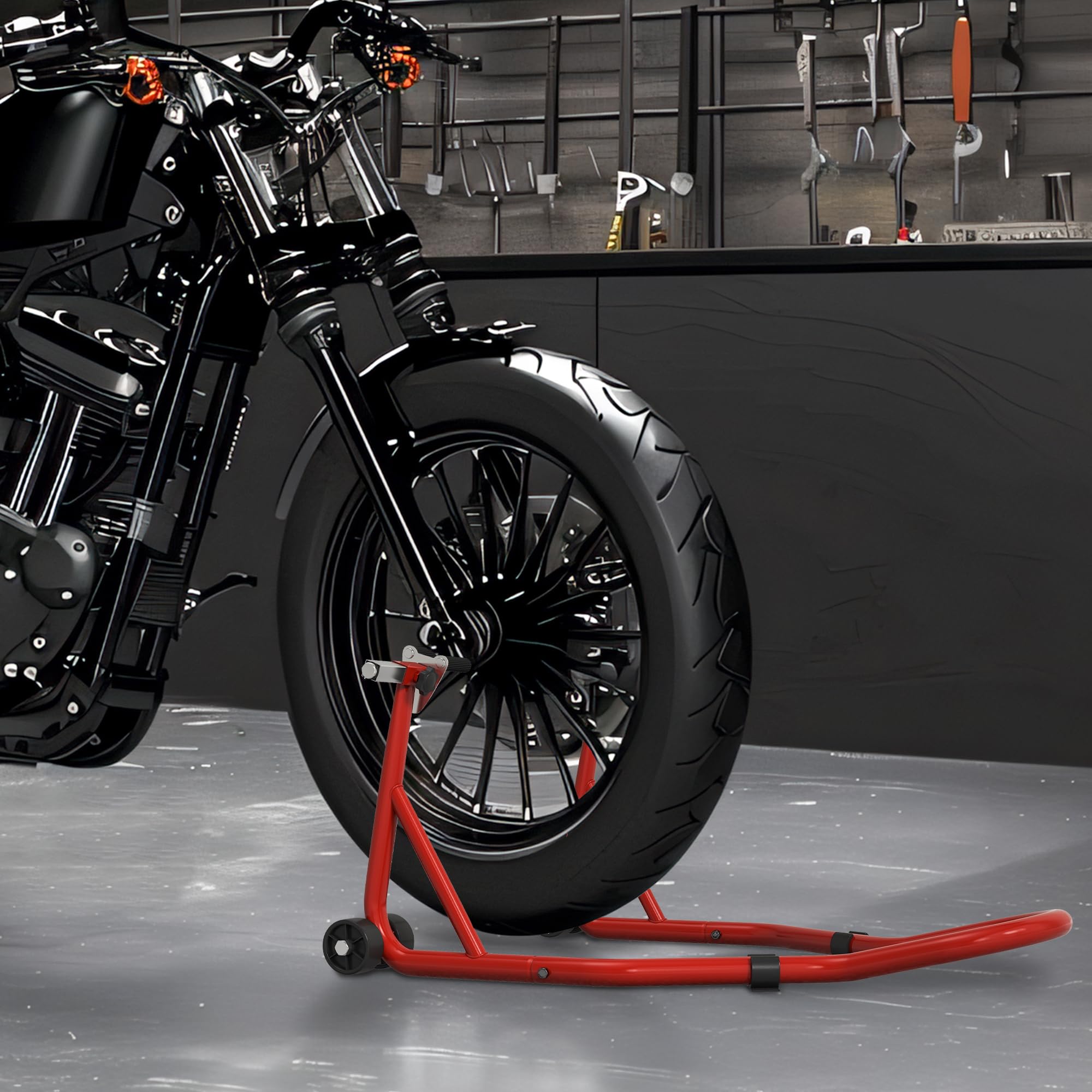 HOMCOM Béquille d'Atelier Moto Avant avec Goupille Réglable Acier Rouge | Support pour Moto, Adaptateurs pour Bras Oscillant, Support Universel de Levage pour Atelier