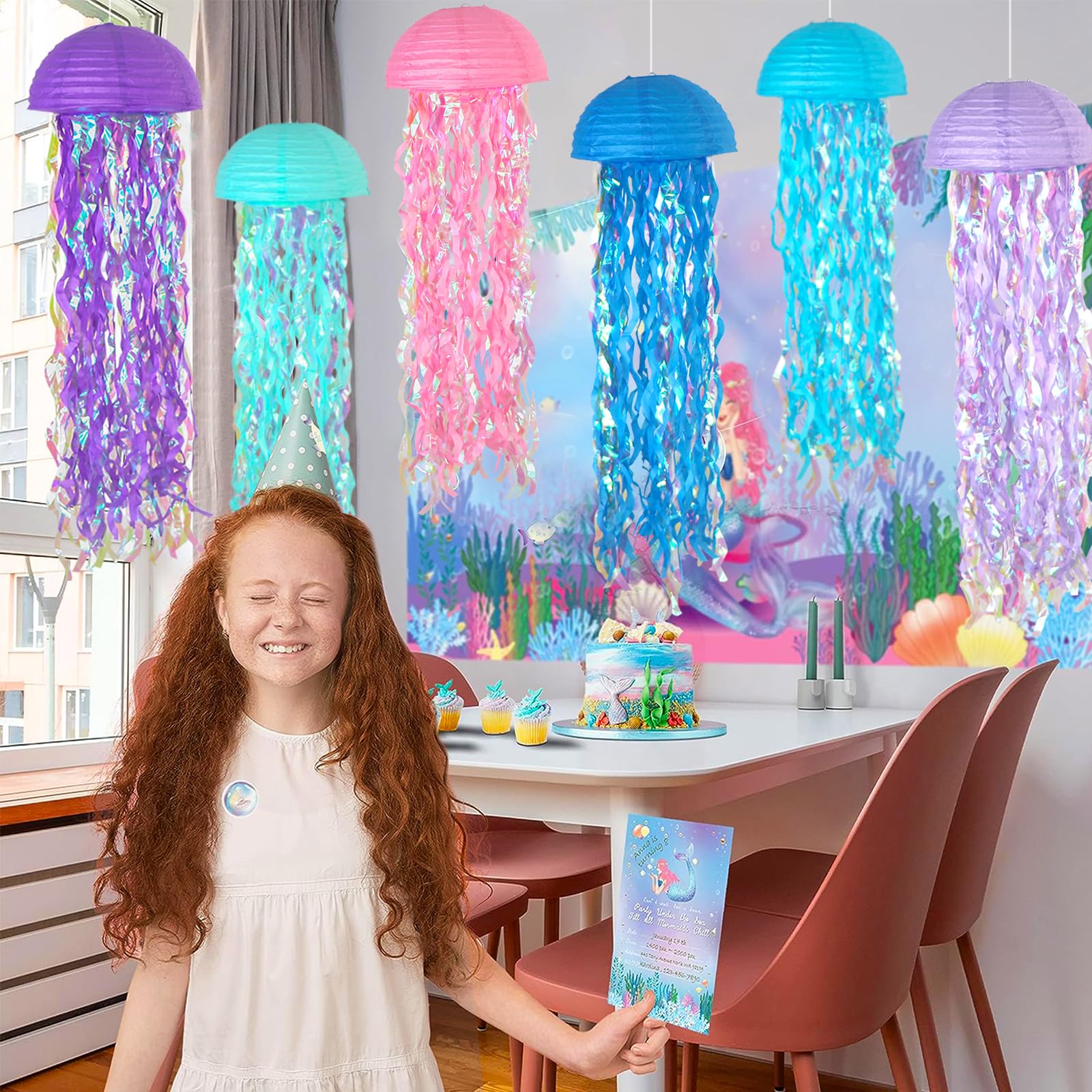 6-Pack Jellyfish Paper Lanterns - Hanging Mermaid Ocean Theme Party Decorations, 10 Inch Diameter, Pink Purple White Blue - View #8