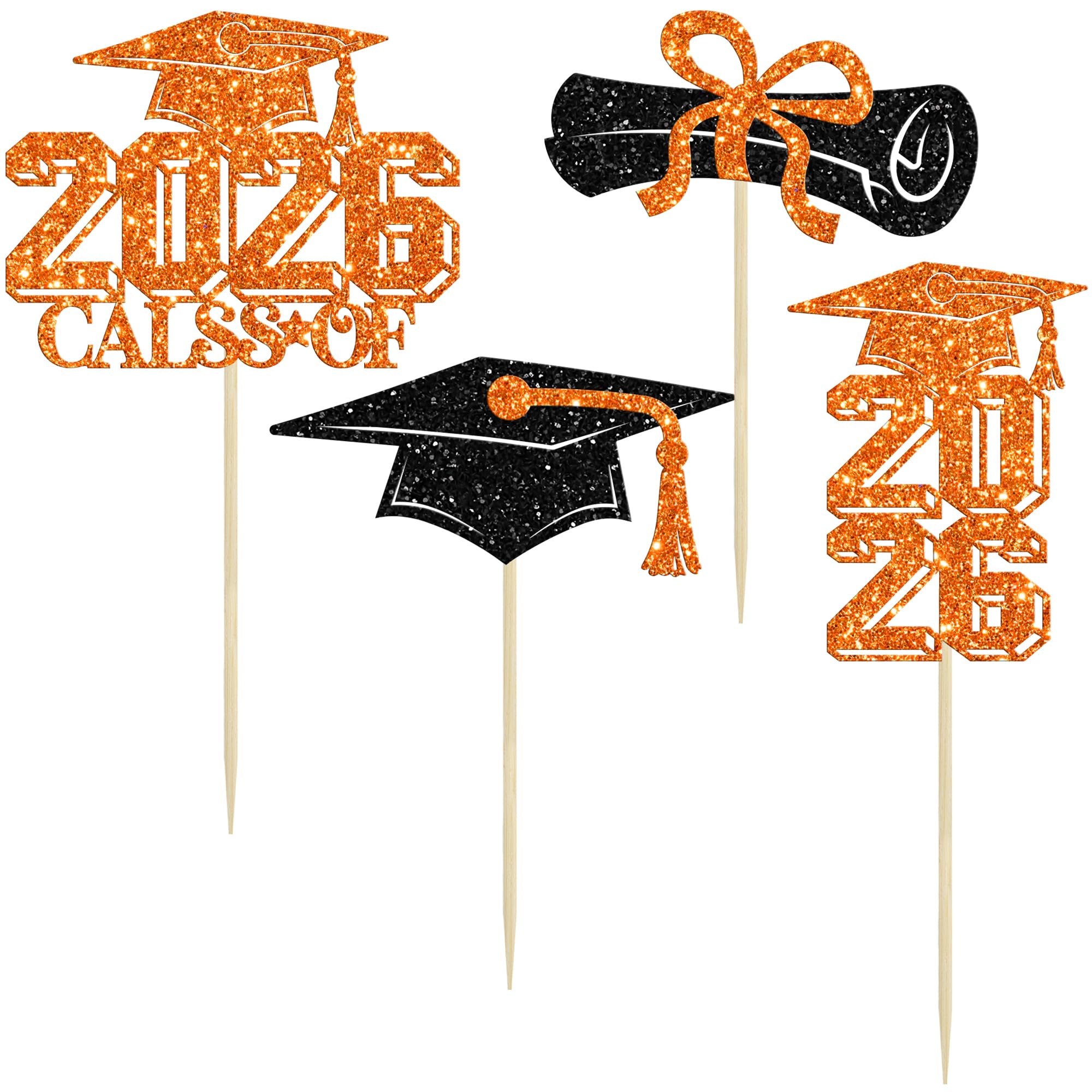 Gyufise 36Pcs 2026 Graduation Theme Cupcake Toppers Glitter Class of 2026 Diploma Grad Cap Cupcake Picks 2026 Graduation Theme Party Cake Decorations Supplies Orange - Image 3