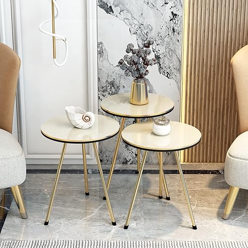 Miniatura 4 de Juego de mesa de sala de estar de 4 piezas, 1 mesa auxiliar y 3 mesas anidables, montaje sin herramientas (mármol blancogris, mesa de centro