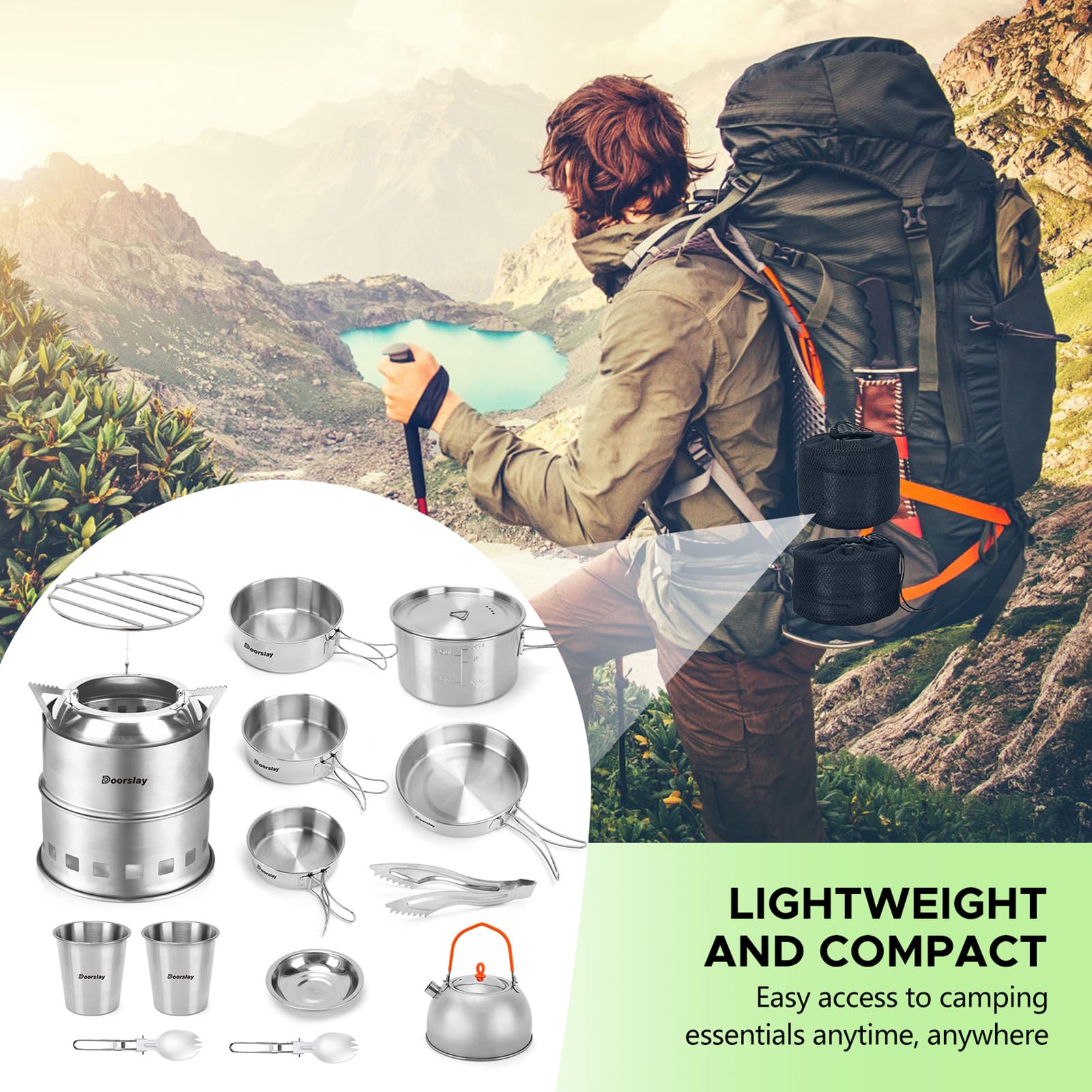 Réchaud de camping en acier inoxydable avec batterie de cuisine, poêle à bois pliable et à alcool double combustible pour 2 à 3 personnes avec casserole et poêle à frire pour randonnée