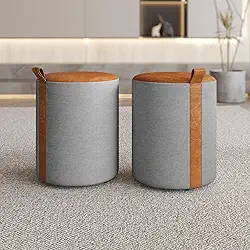 KIT 2 PUFF- Linho Cinza com fibra natural. Assento e Alça em Couro Caramelo 42cm x 34cm. Puff zeus