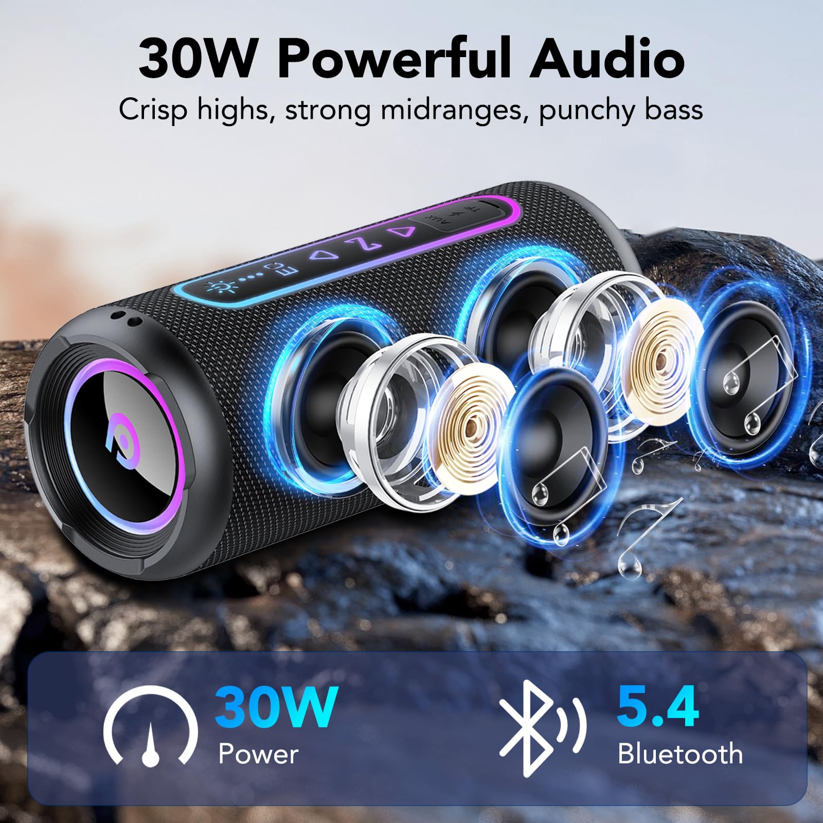 Cassa Bluetooth Potente 30W, Altoparlante Bluetooth con Doppio Driver Basso, 30H Autonomia, 5 RGB Modalità, Accoppiamento TWS, IPX7 Impermeabile, Supporto AUX/TF, Speaker Bluetooth per Feste/Viaggi