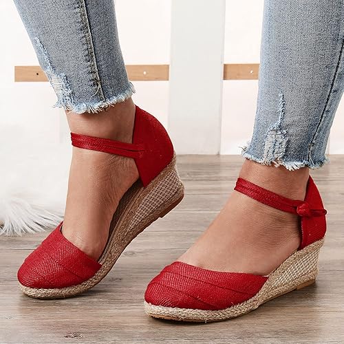 Miniatura 3 de Womenyiaor Sandalias para mujer de verano elegante, con correa al tobillo, punta cerrada, alpargata, sandalias de cuña con plataforma elegante,