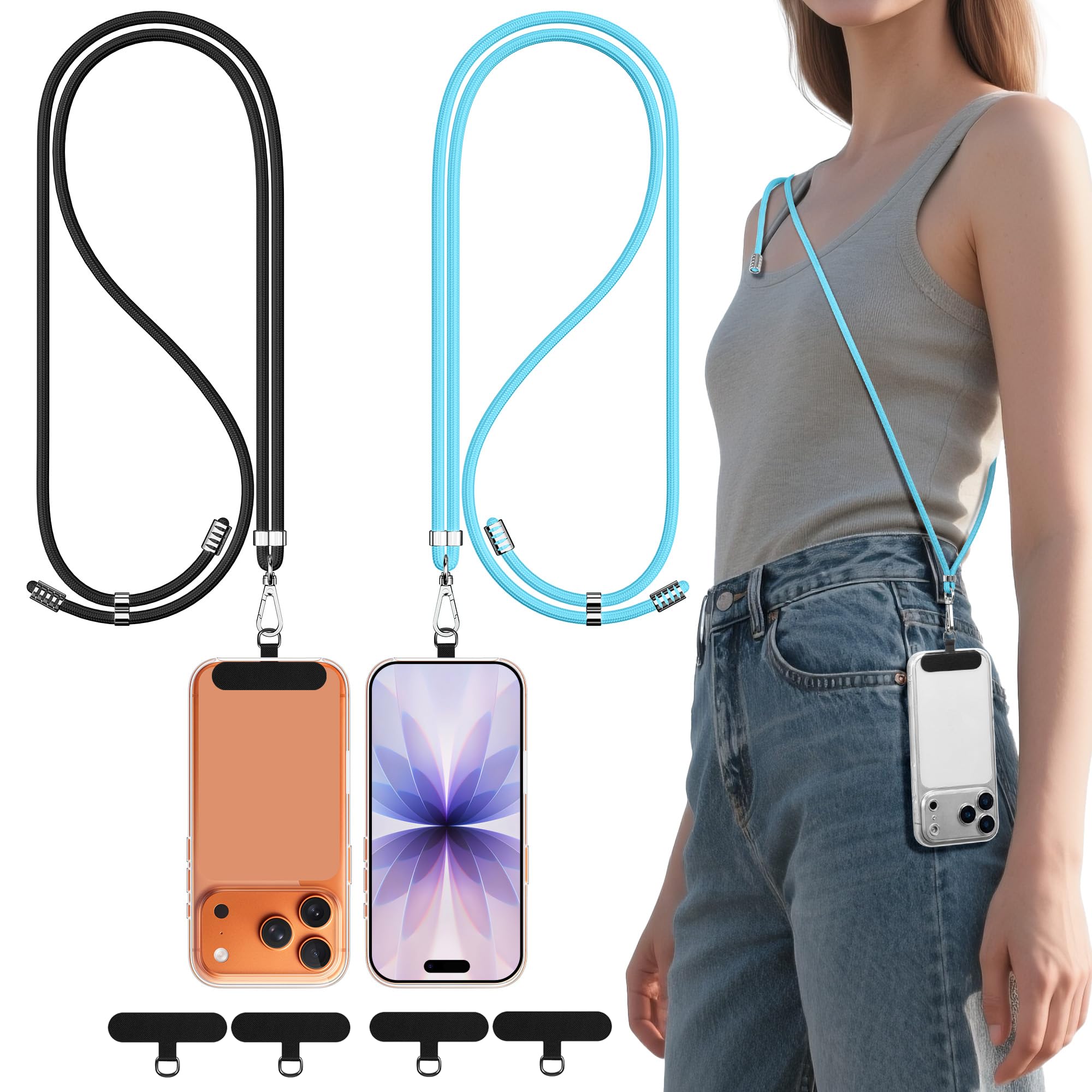 DESELL 2 Stück Handyband Zum Umhängen,Nylon handykette universal zum Umhängen kompatibel mit Alle Smartphones,Verstellbar Handy Umhängeband, und 2 Stück Handy Bänd Patch