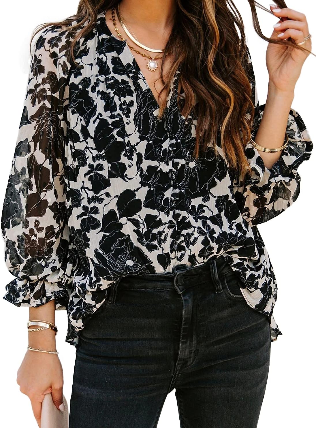MLEBR Womens Blouses Summer Winter Casual Loose V Neck Tops Balloon Long Sleeve Black Floral Printed Blouses Tops T Shirts S - Image 3