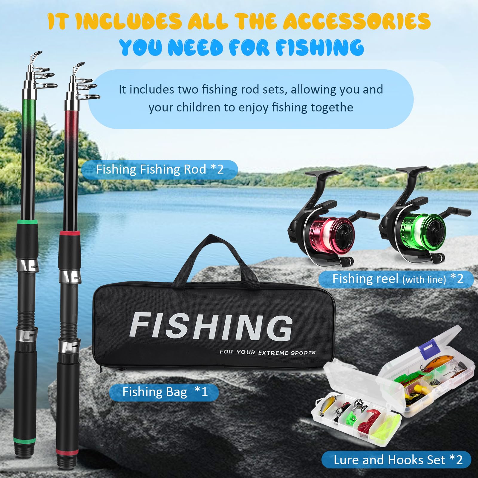 Set da pesca per bambini con 2 canne telescopiche da 180 cm, set completo di canne da pesca con rulli, esche e accessori, borsa per il trasporto, regalo ideale per ragazzi e ragazze