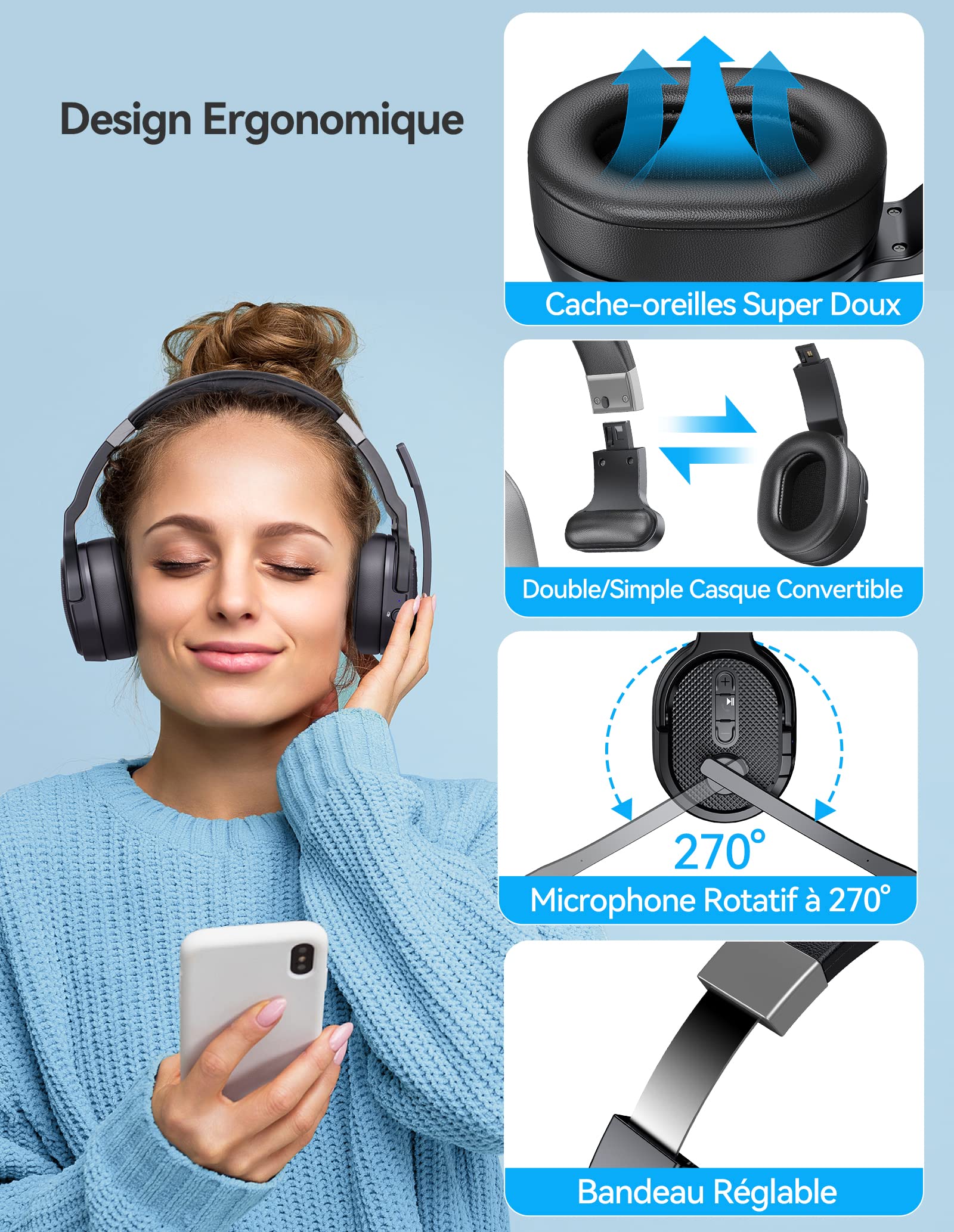 TECKNET Casque Bluetooth sans Fil avec Micro, Casque sans Fil Simple et Double Oreille avec 3 Modes de Musique EQ, Casque Anti Bruit Bluetooth ENC, pour Centres d'appels, Bureaux, Camionneurs