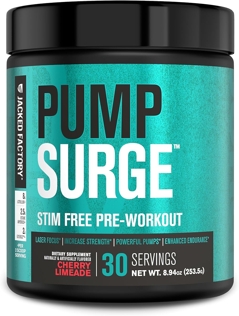 Jacked Factory Pumpsurge Caffeine Free Pre Workout for Men & Women - Nootropic Booster & Stim Free Pre Workout - Intense Pumps, Enhanced Focus - 30 Servings, Cherry Limeade