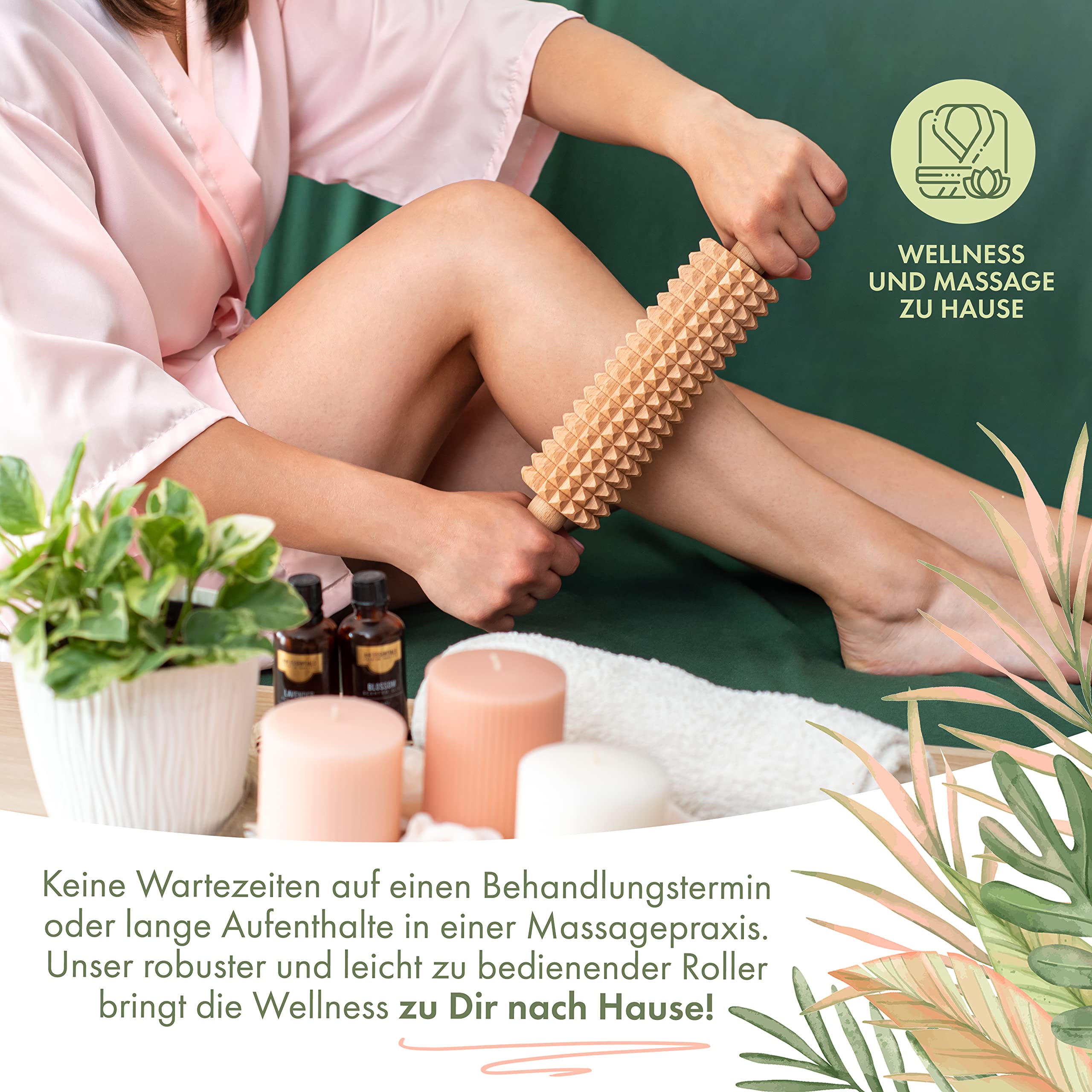 Massageroller aus 100% Buchenholz – Holz Massage-Rolle mit Griff Massagegerät gegen Cellulite zur Maderotherapie Lymphdrainage Körpermassage