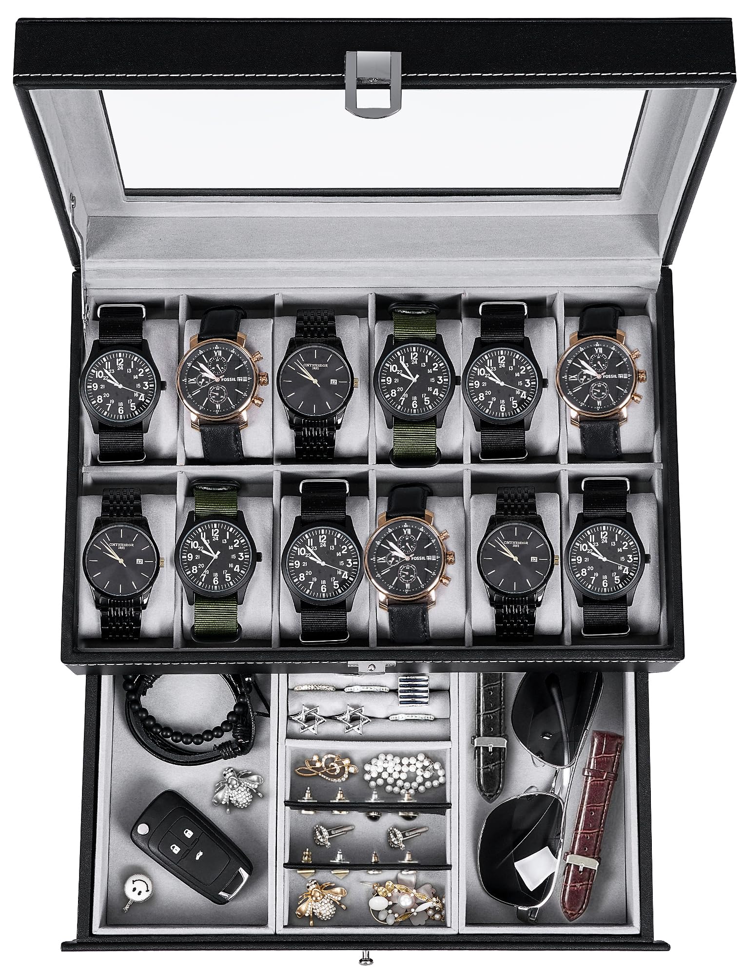 BEWISHOME Watch Box Organizer Case 12 Mens Jewelry Display Drawer w/Adjustable Tray Glass Top Black PU Leather SSH02B