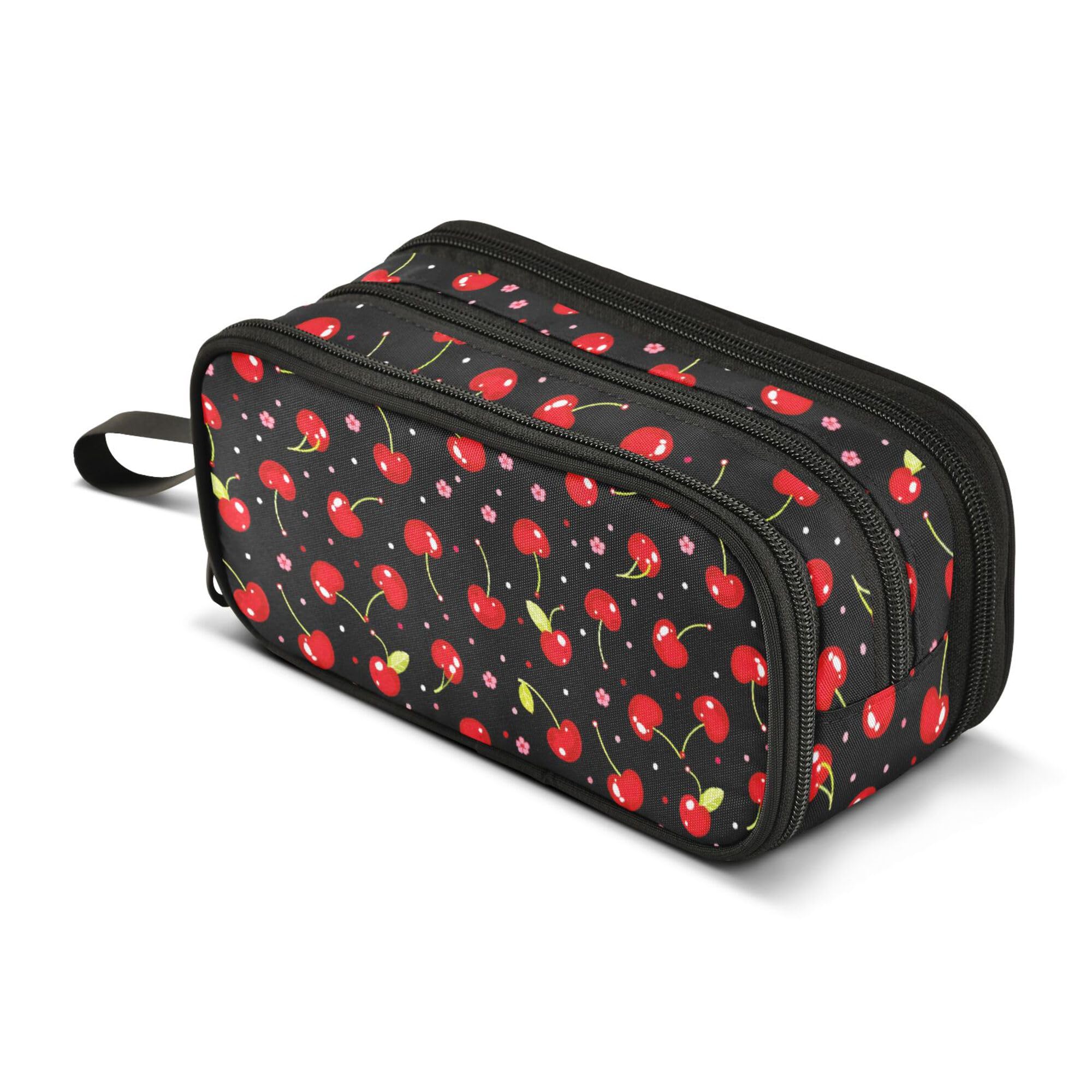 Large Pencil Case, Big Capacity Pencil Bag Pen Pouch Holder 3 Compartments, Cherries with Flowers on Black School Office Supplies Stationery Makeup Bag Storage Organizer for Students Girls Boys Women — image 1