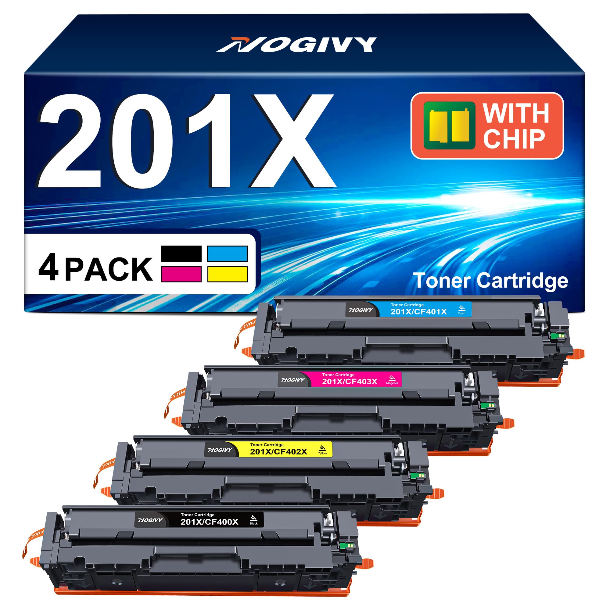 NOGIVY 201X Toner Kompatibel für HP 201X 201A für HP Color LaserJet Pro MFP M277dw Toner Schwarz M252dw M277n M277 dw M274n M252n M252 M277c6 CF400X CF401X CF402X CF403X CF401A CF402A (4er-Pack)